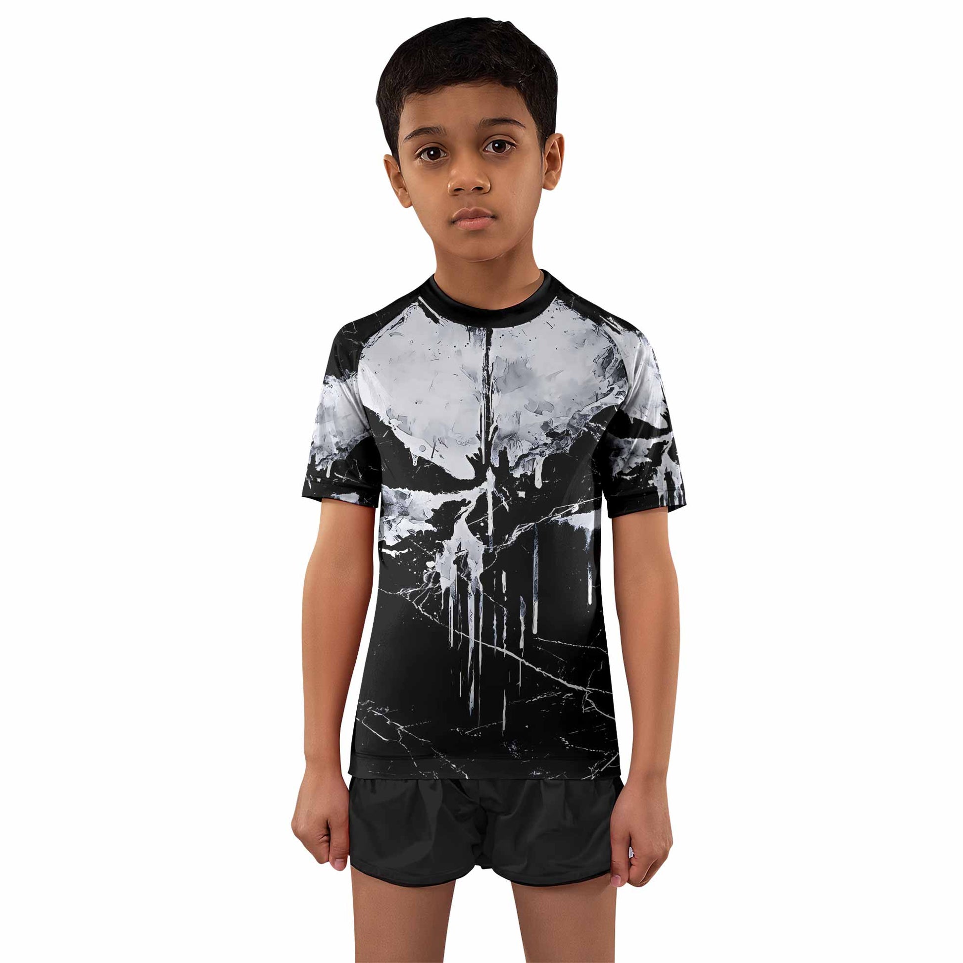 Punisher War Skull Kids Rash Guard Short Sleeve - boy's lifestyle view