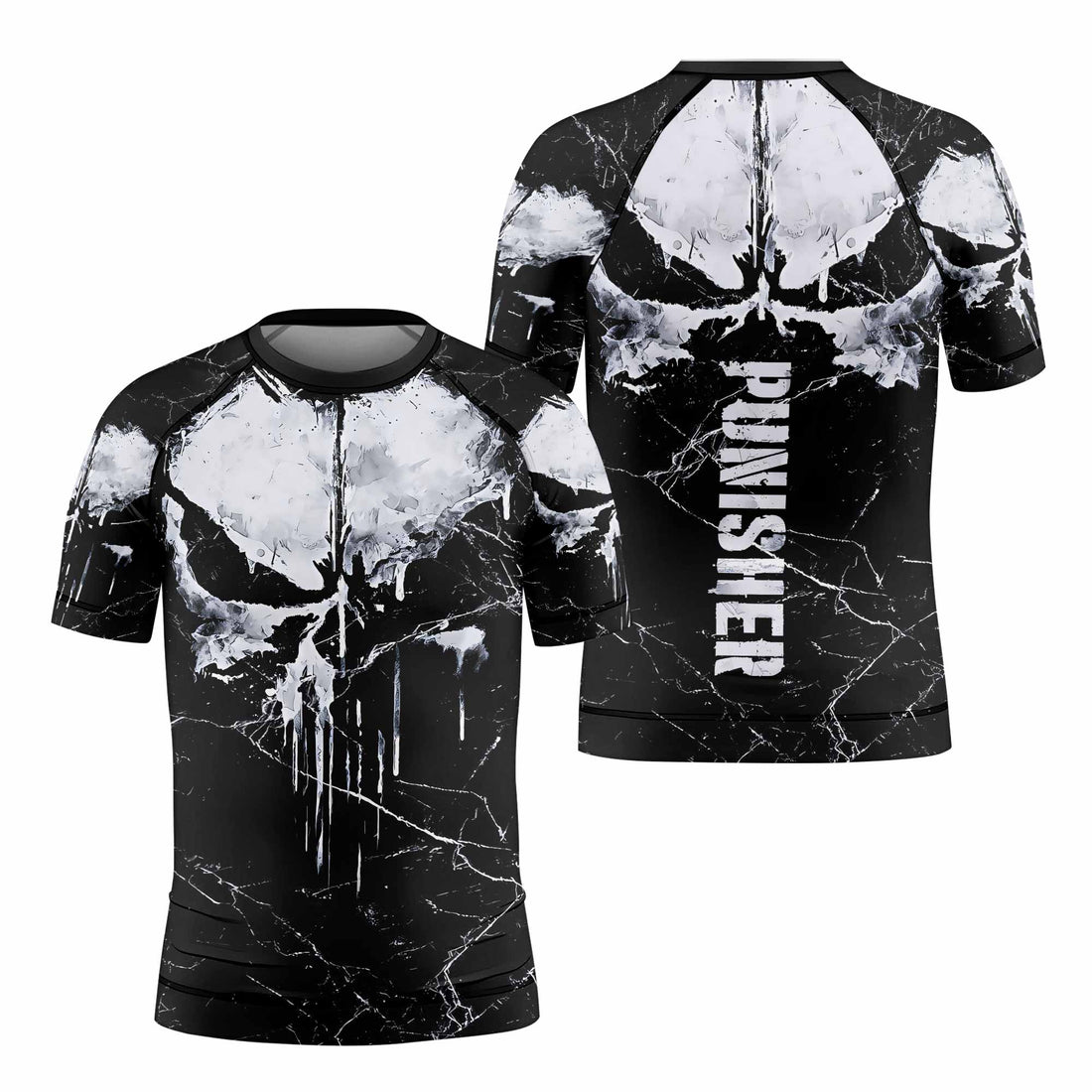 Punisher War Skull Kids Rash Guard Short Sleeve - front and back view