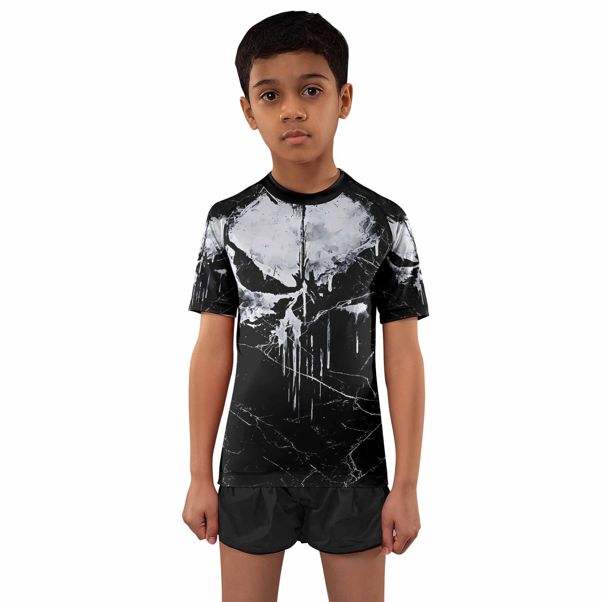 Punisher War Skull Kids Rash Guard Short Sleeve - front and back view