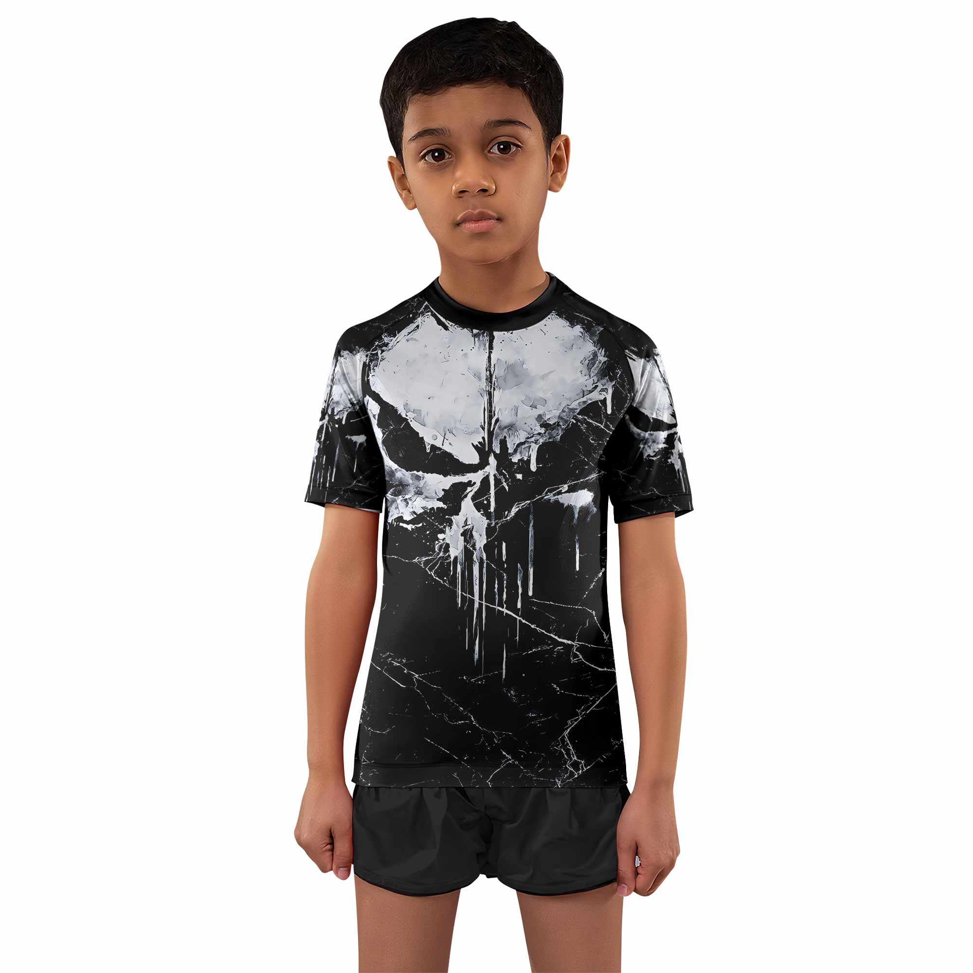 Punisher War Skull Kids Rash Guard Short Sleeve - front and back view