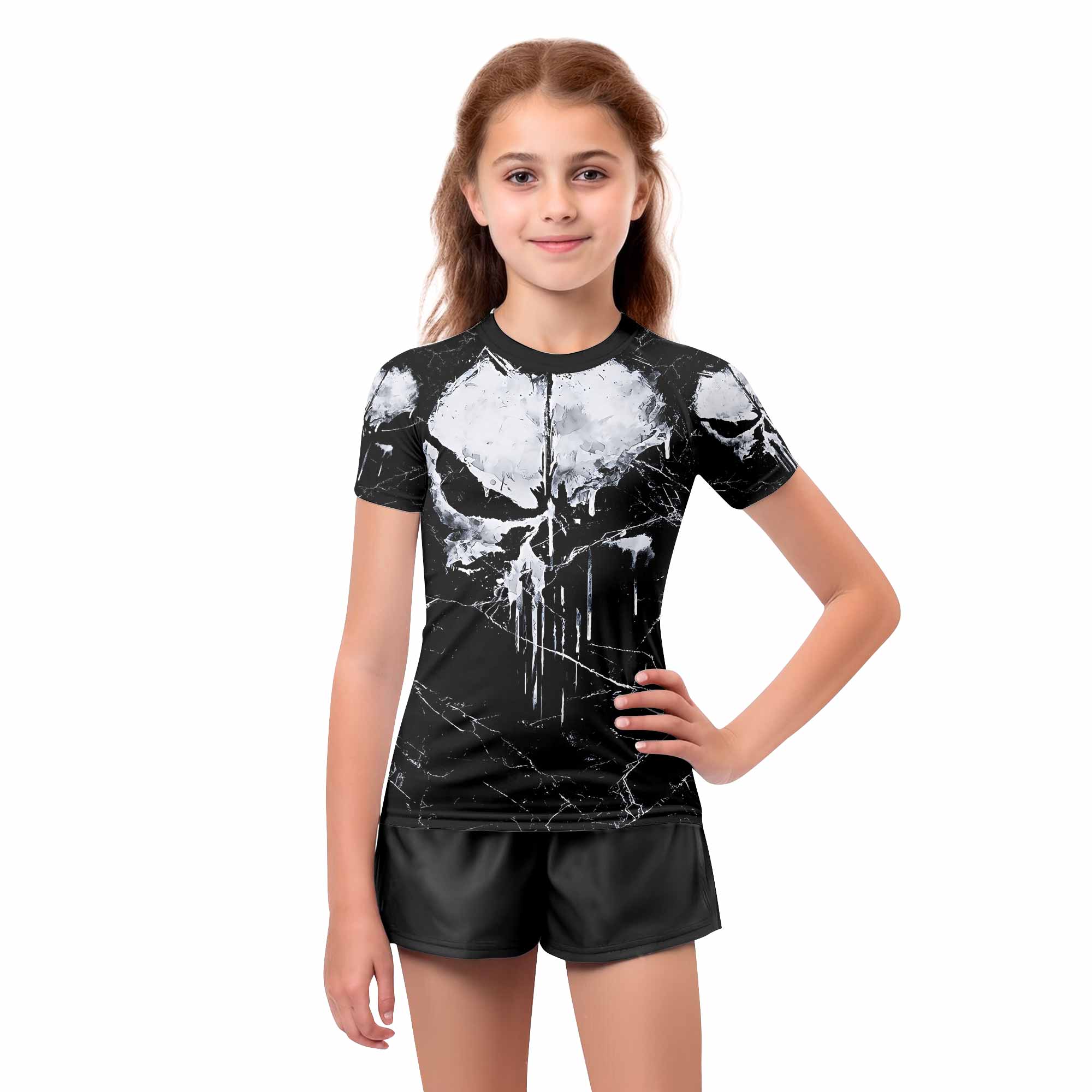 Punisher War Skull Kids Rash Guard Short Sleeve - girl's lifestyle view