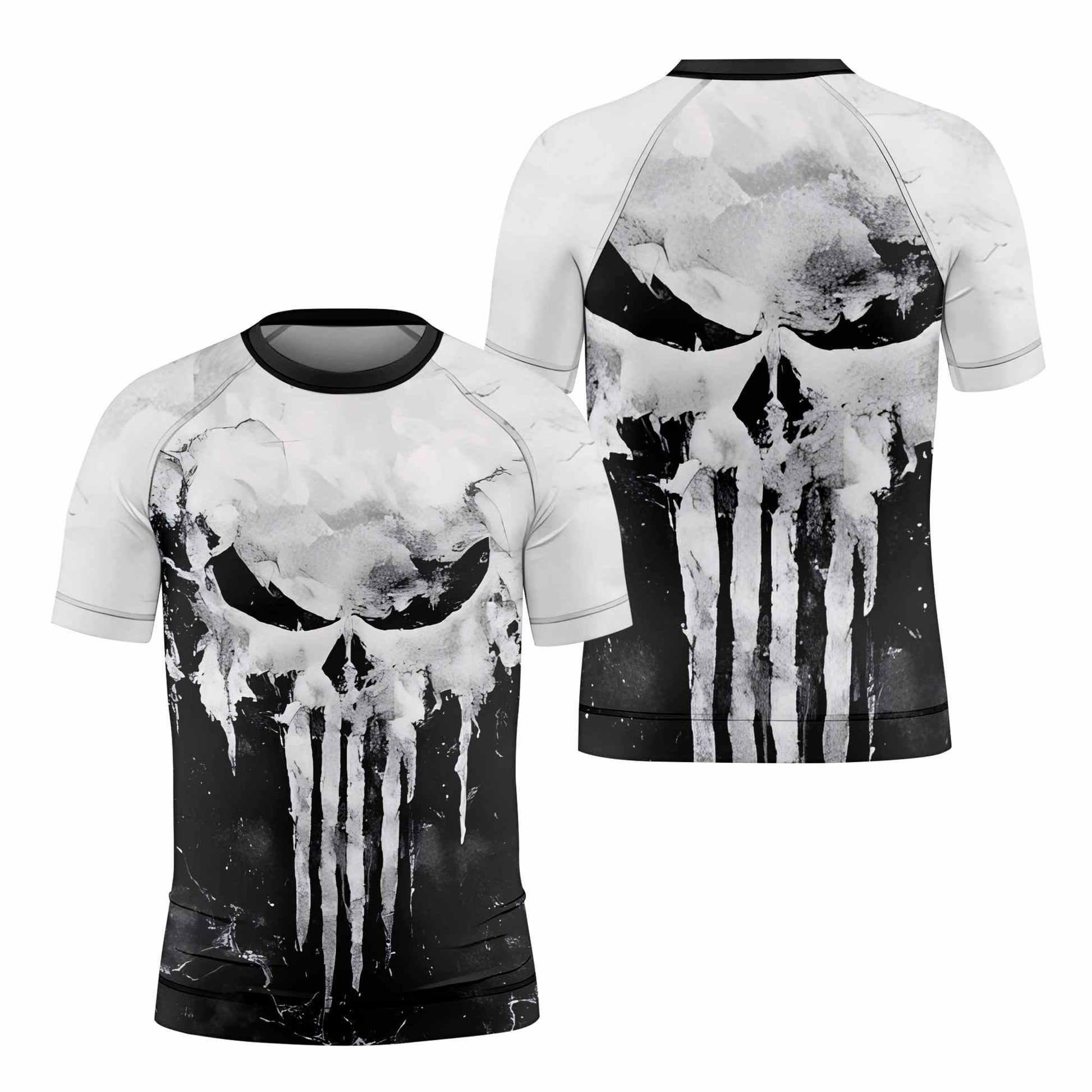 Punisher Ghost Skull Kids Rash Guard Short Sleeve - front and back view