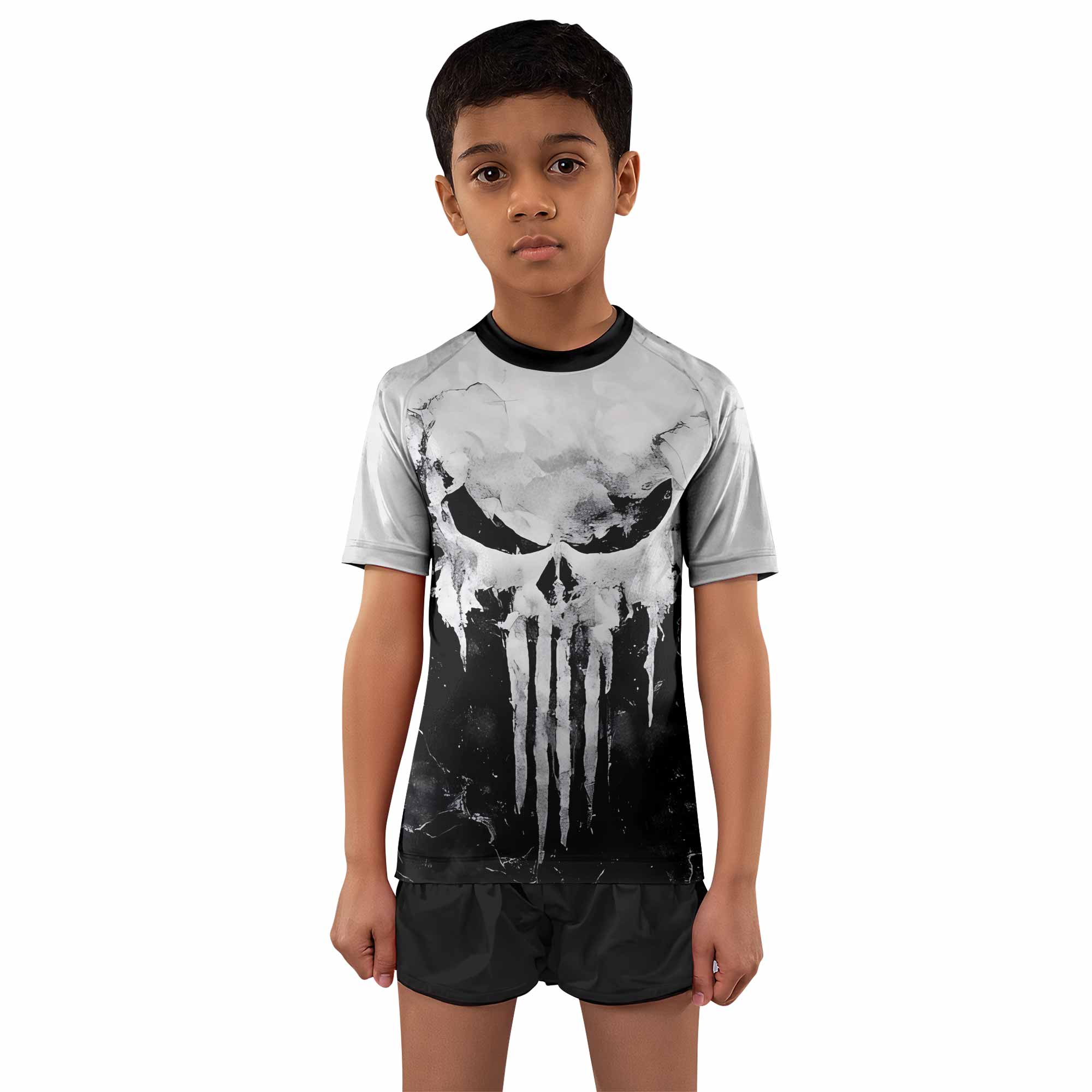 Punisher Ghost Skull Kids Rash Guard Short Sleeve - boy's lifestyle view