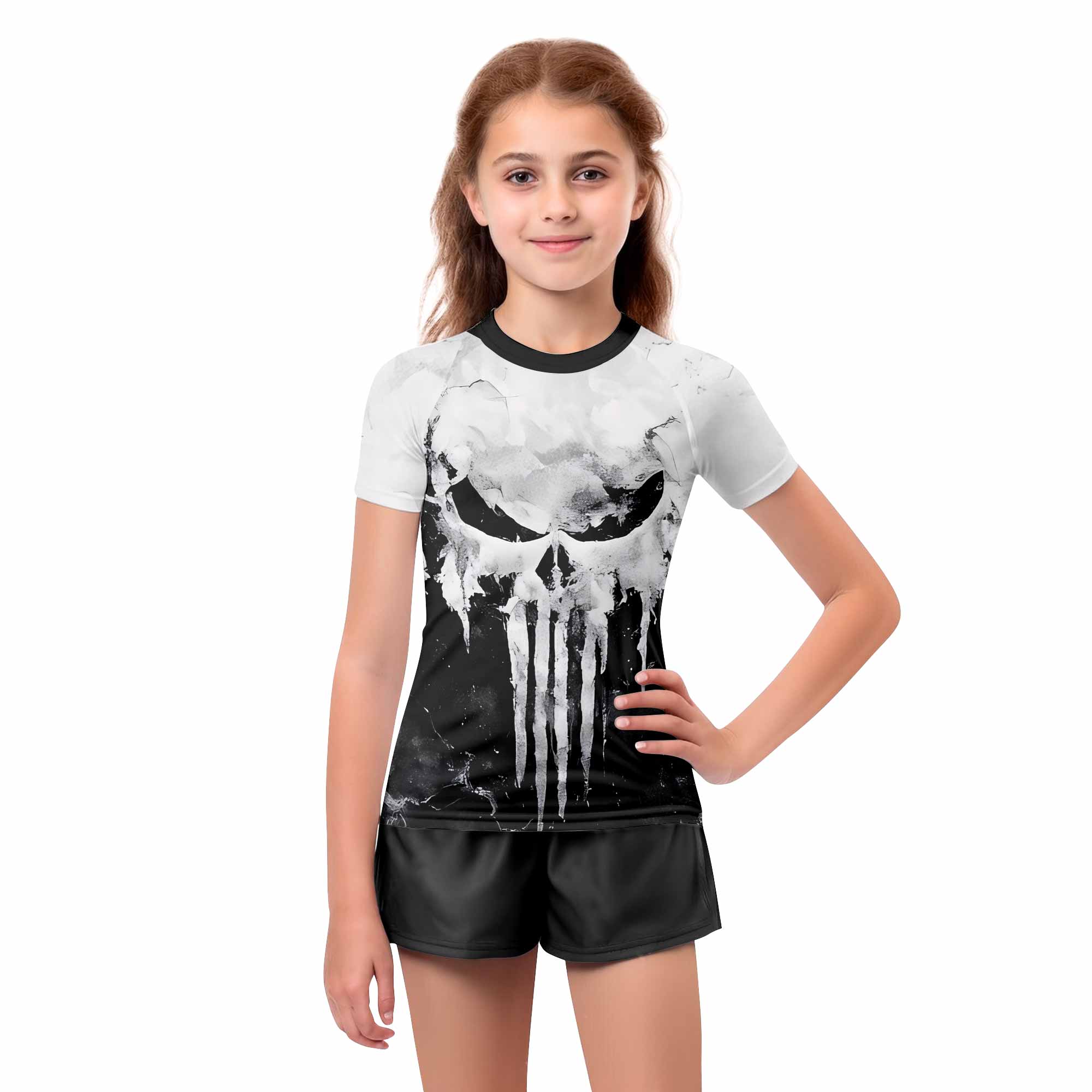 Punisher Ghost Skull Kids Rash Guard Short Sleeve - girl's lifestyle view