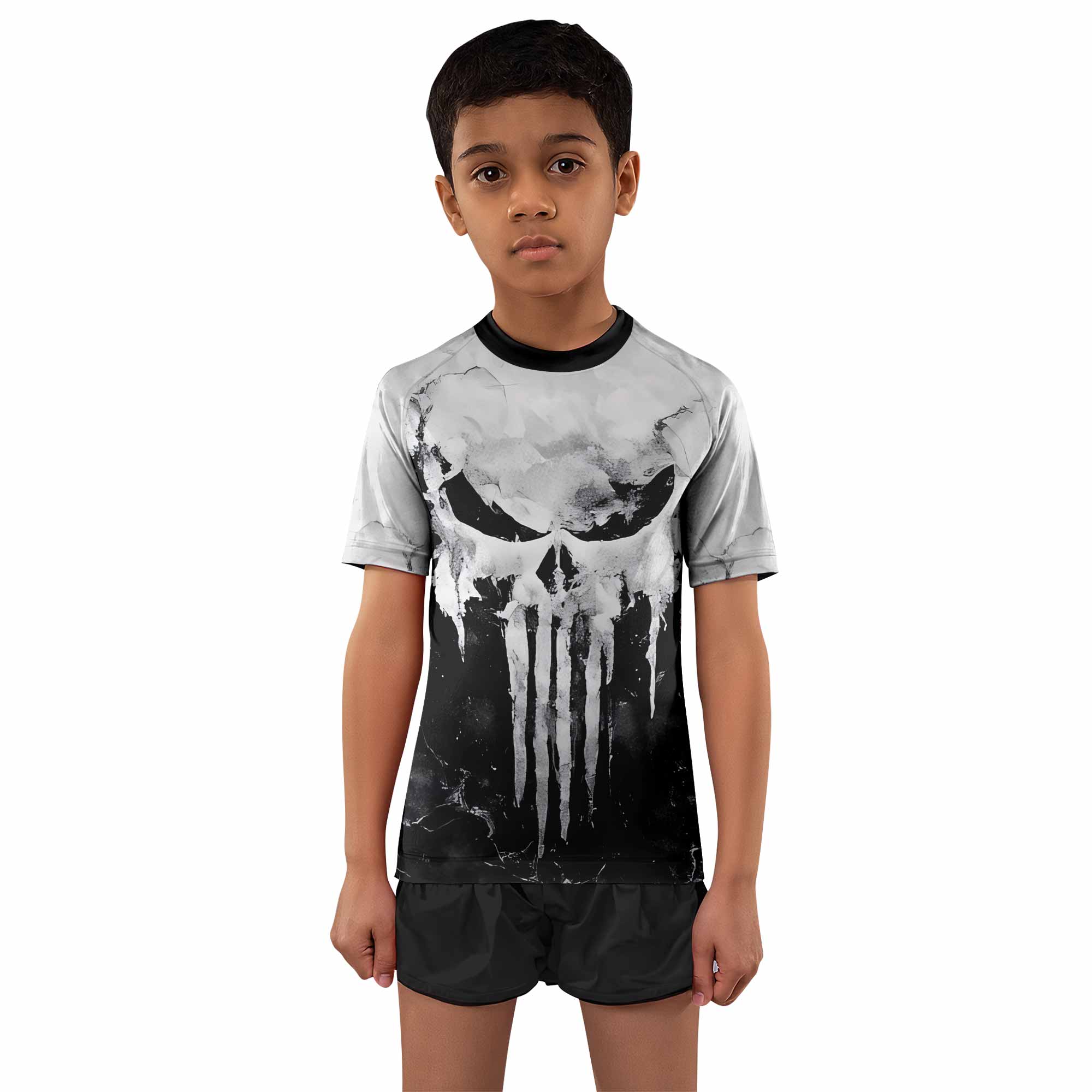 Punisher Ghost Skull Kids Rash Guard Short Sleeve - front and back view