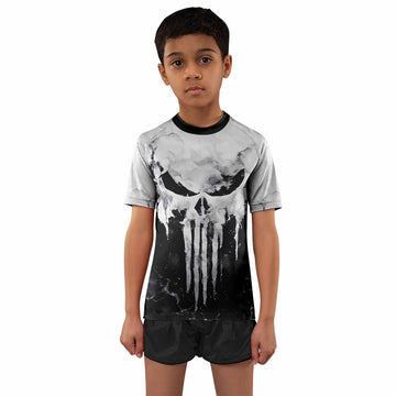 Punisher Ghost Skull Kids Rash Guard Short Sleeve - front and back view