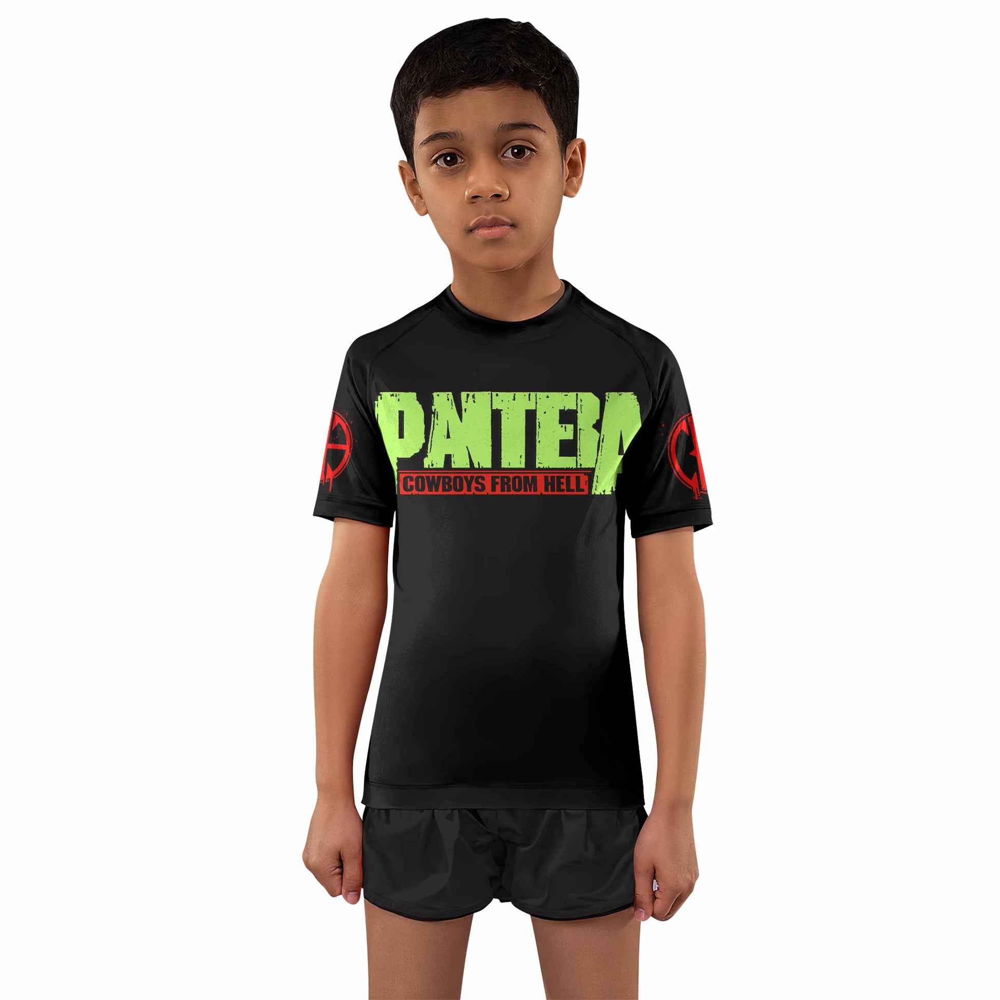 Pantera Cowboys From Hell Kids Rash Guard Short Sleeve - boy's lifestyle view