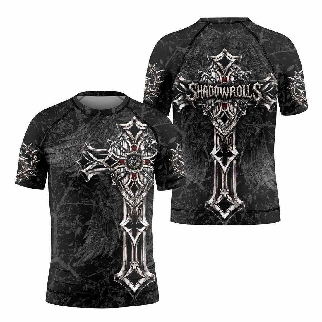 Crown of Thorns Cross Kids Rash Guard Short Sleeve - front and back view