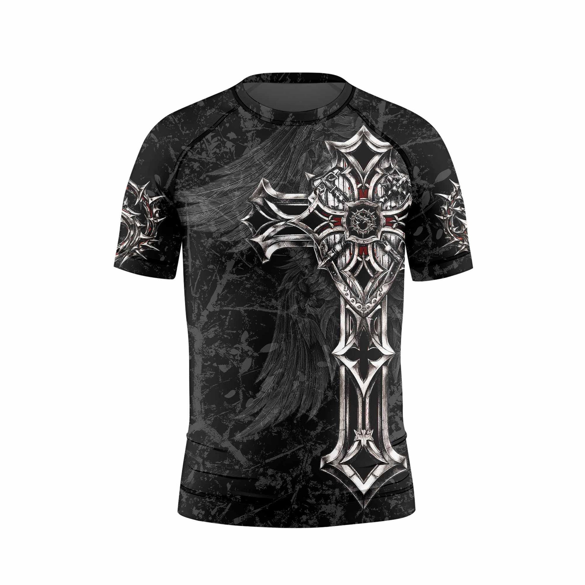Crown of Thorns Cross Kids Rash Guard Short Sleeve - back view mockup
