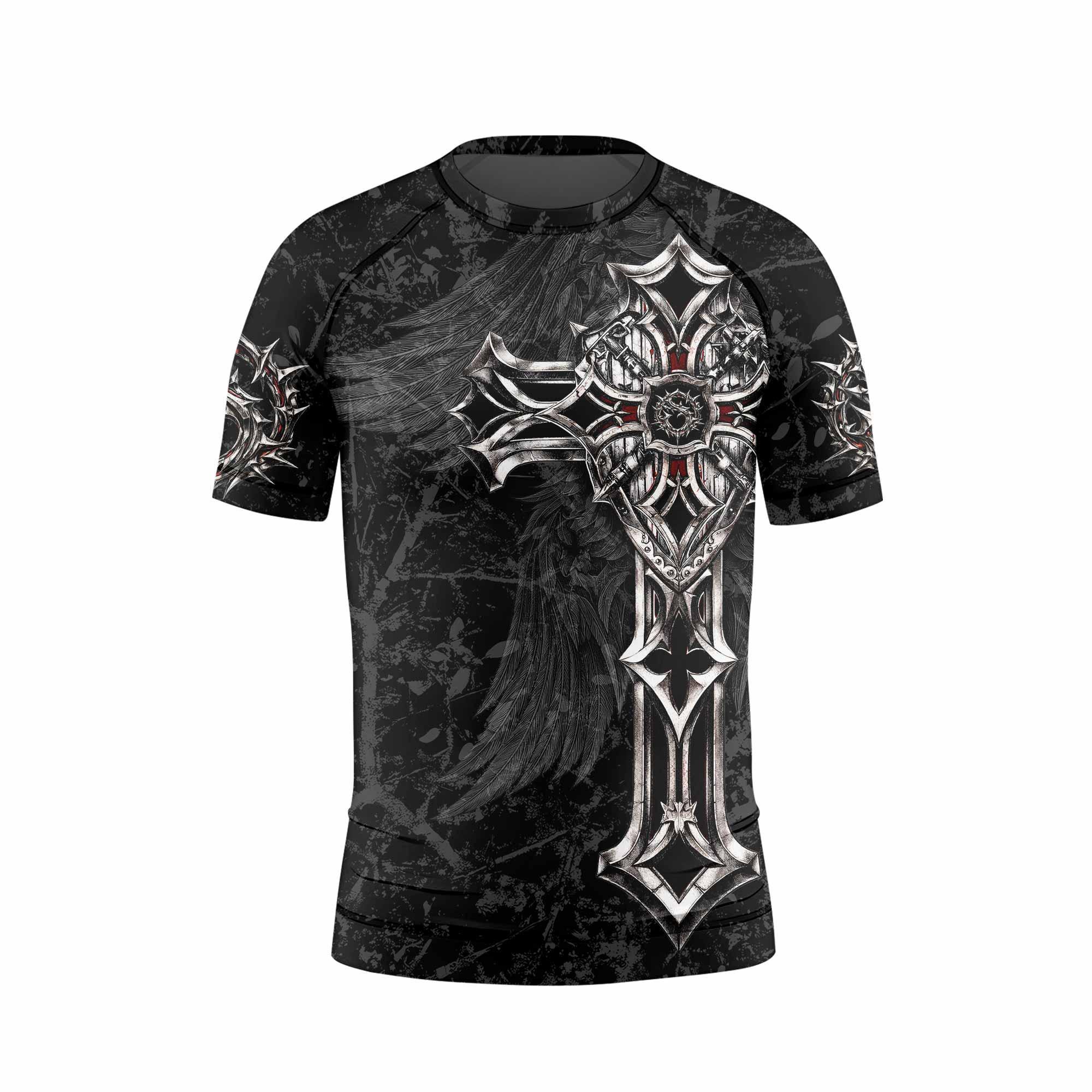 Crown of Thorns Cross Kids Rash Guard Short Sleeve - back view mockup