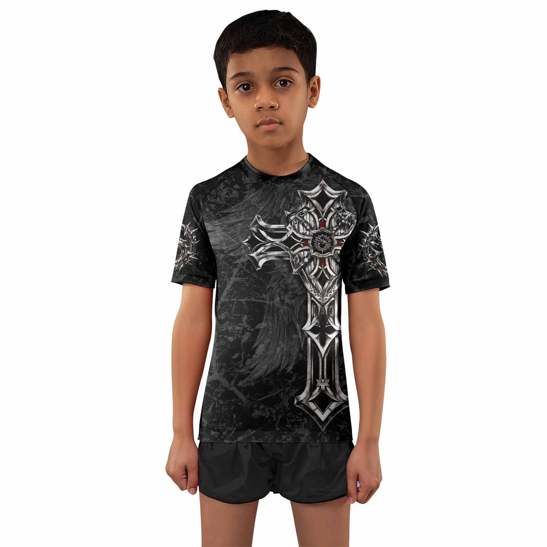 Crown of Thorns Cross Kids Rash Guard Short Sleeve - front and back view