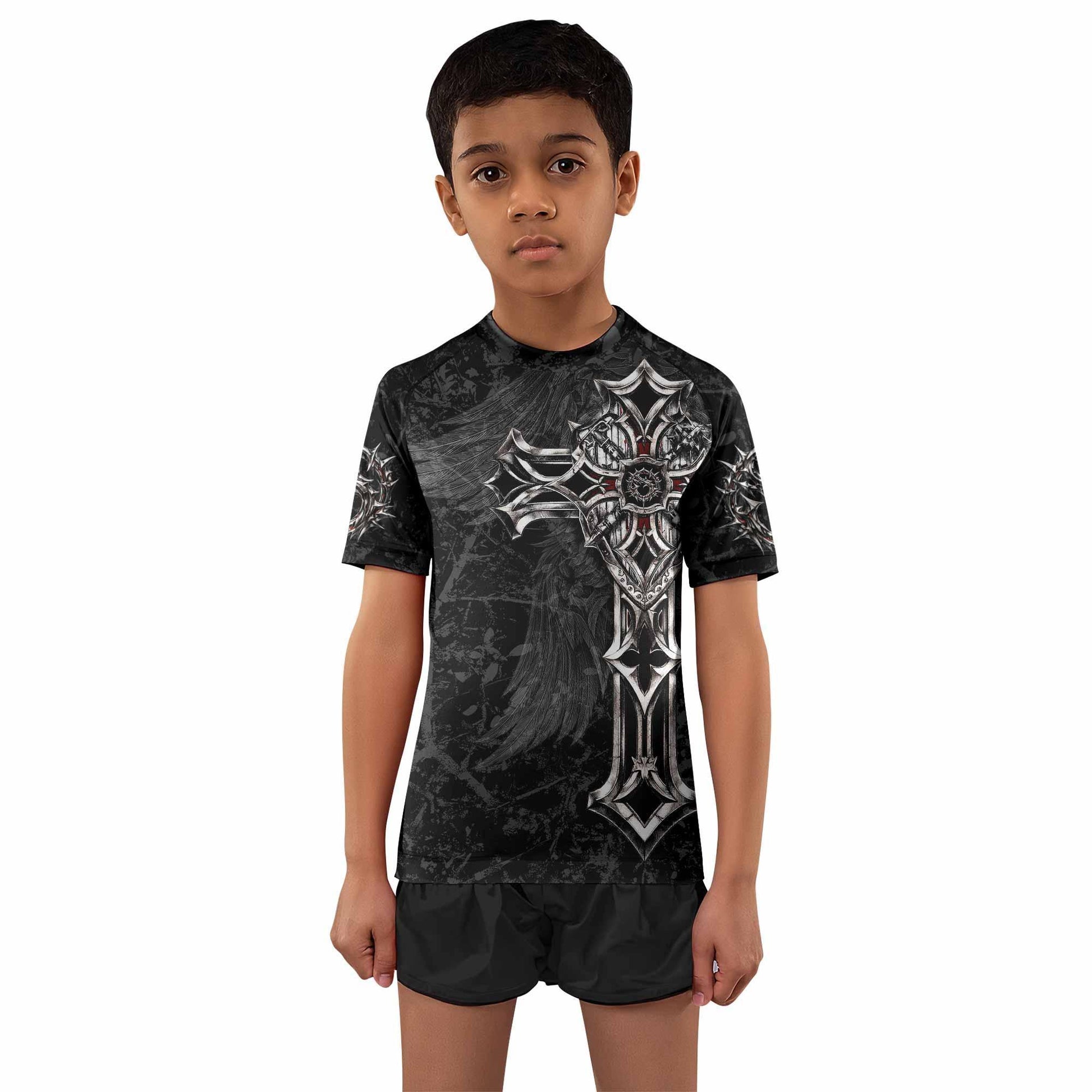 Crown of Thorns Cross Kids Rash Guard Short Sleeve - front and back view