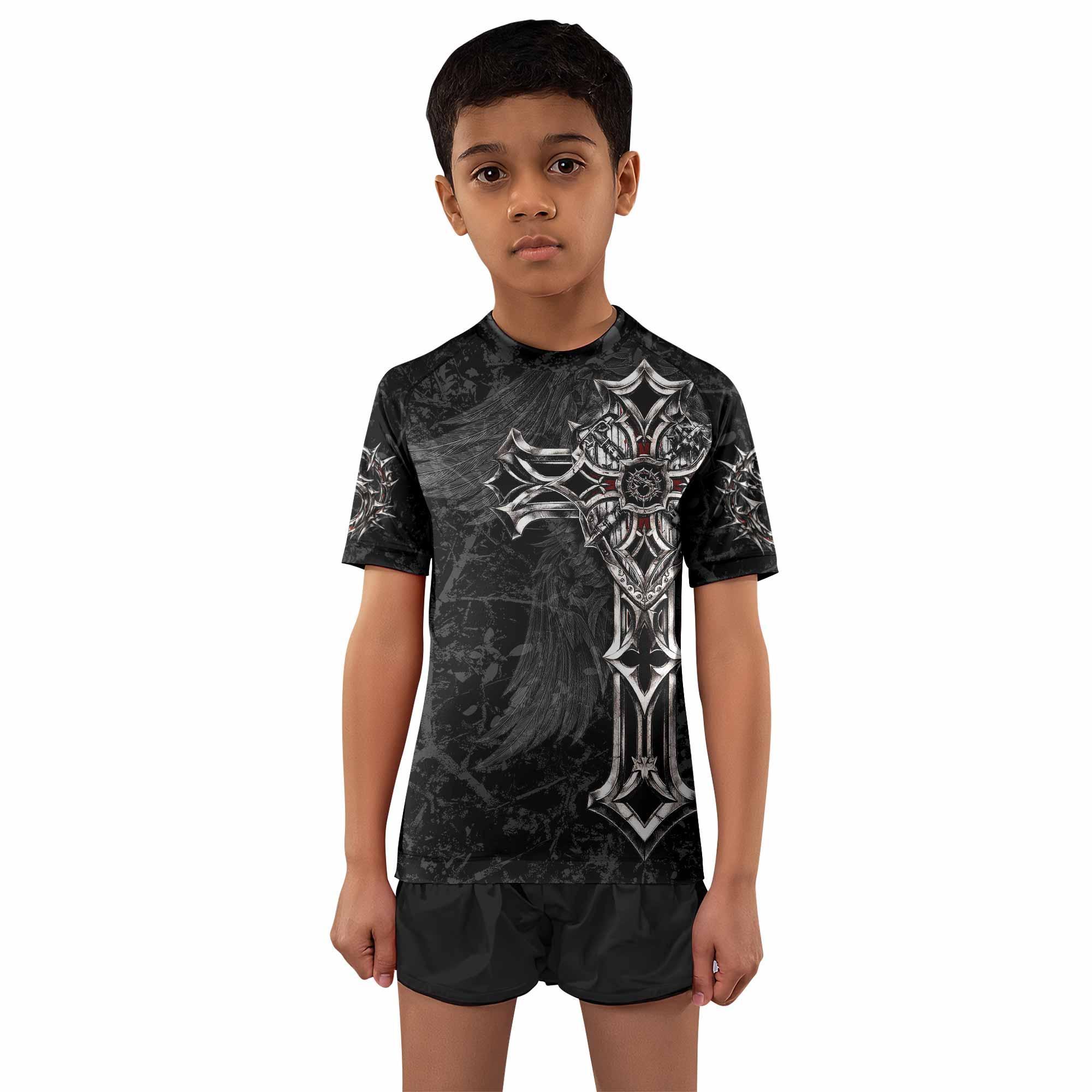 Crown of Thorns Cross Kids Rash Guard Short Sleeve - front and back view