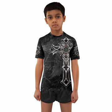 Crown of Thorns Cross Kids Rash Guard Short Sleeve - front and back view