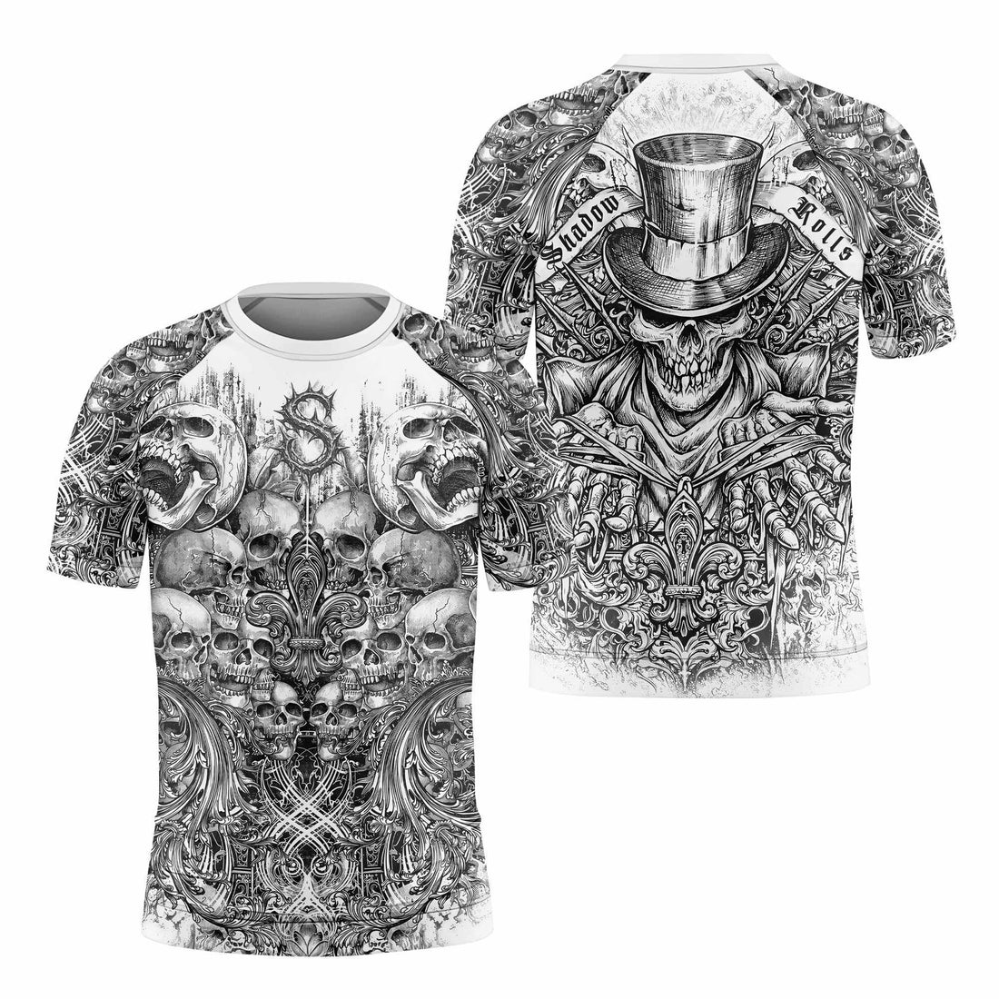 Memento Mori Skull Kids Rash Guard Short Sleeve - front and back view