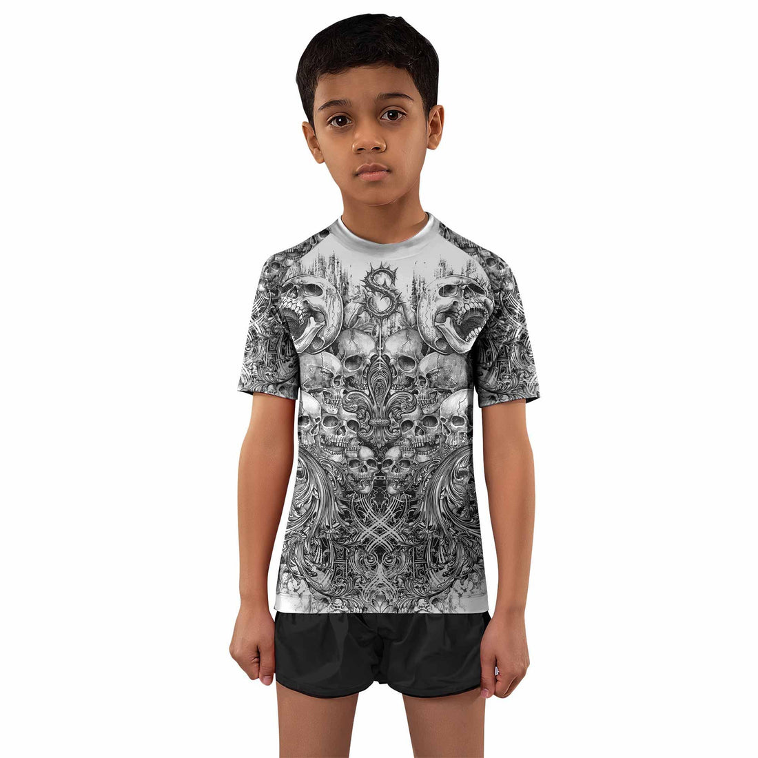 Memento Mori Skull Kids Rash Guard Short Sleeve - front and back view