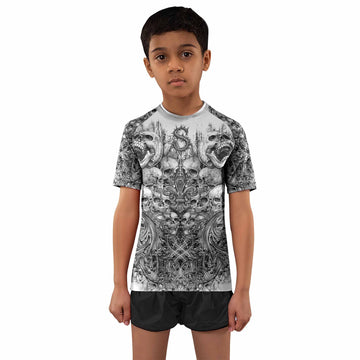 Memento Mori Skull Kids Rash Guard Short Sleeve - front and back view