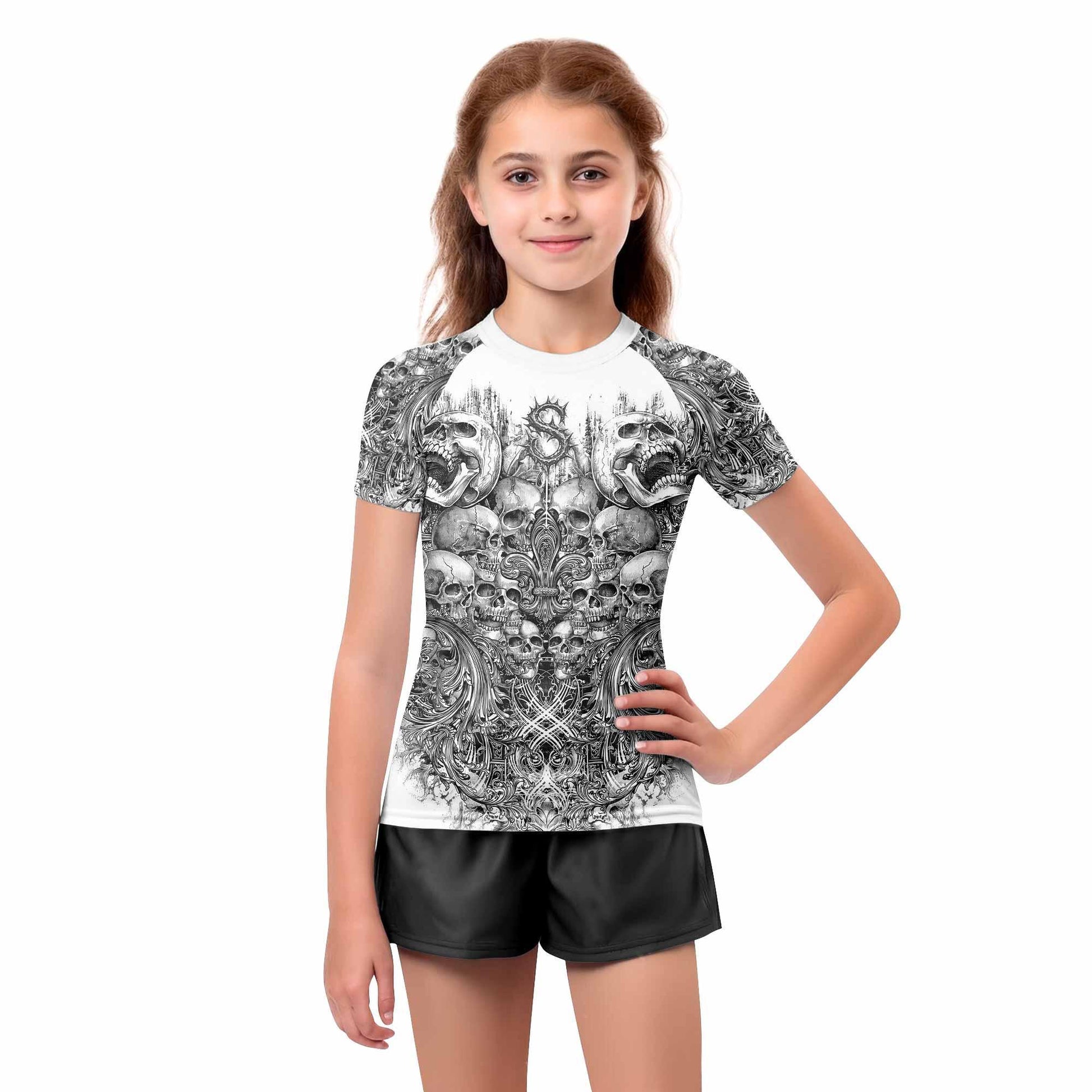 Memento Mori Skull Kids Rash Guard Short Sleeve - girl's lifestyle view