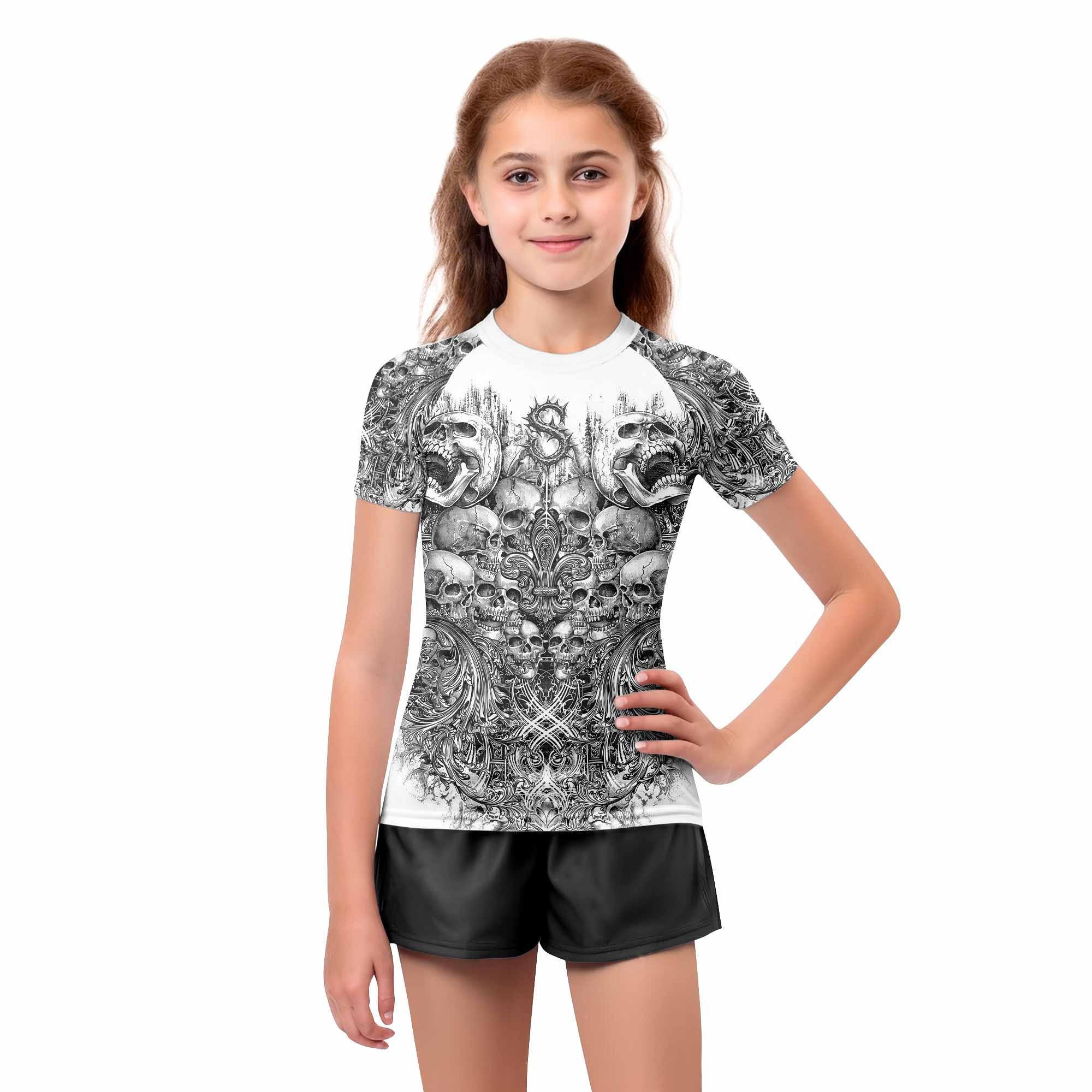 Memento Mori Skull Kids Rash Guard Short Sleeve - girl's lifestyle view