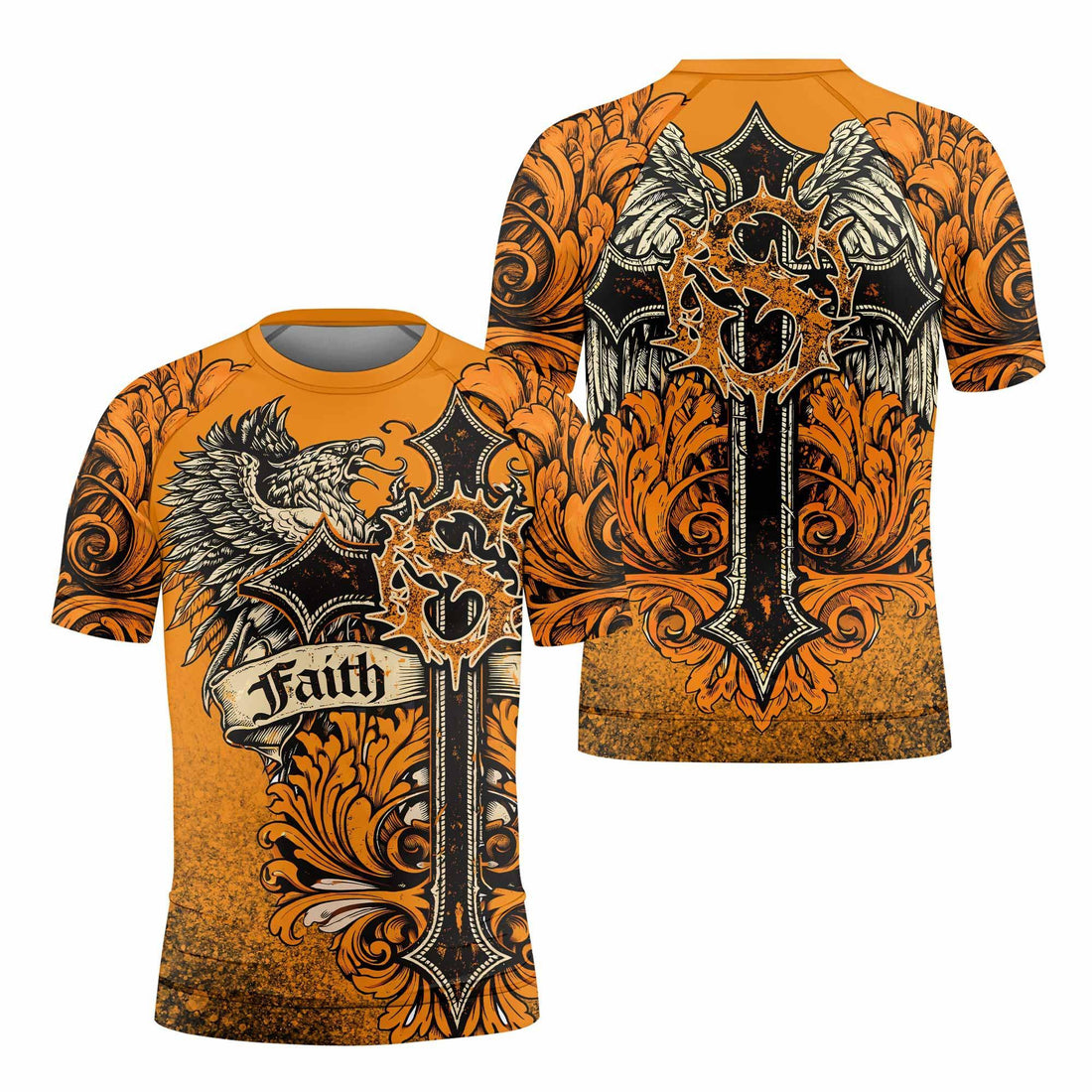 Faith Over Fear Crown Cross Kids Rash Guard Short Sleeve - front and back view