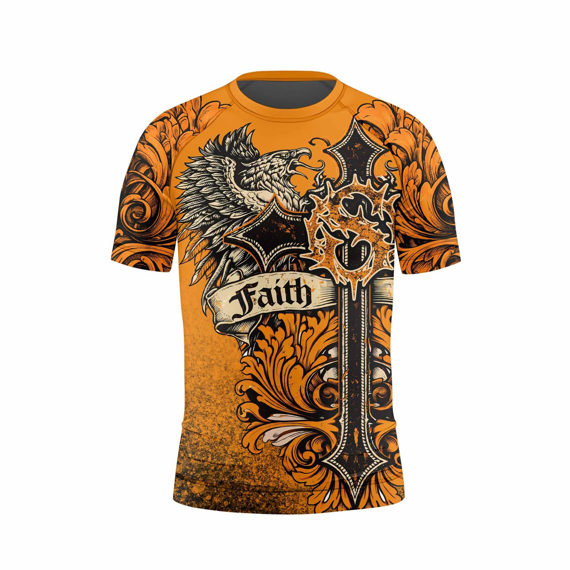 Faith Over Fear Crown Cross Kids Rash Guard Short Sleeve - back view mockup