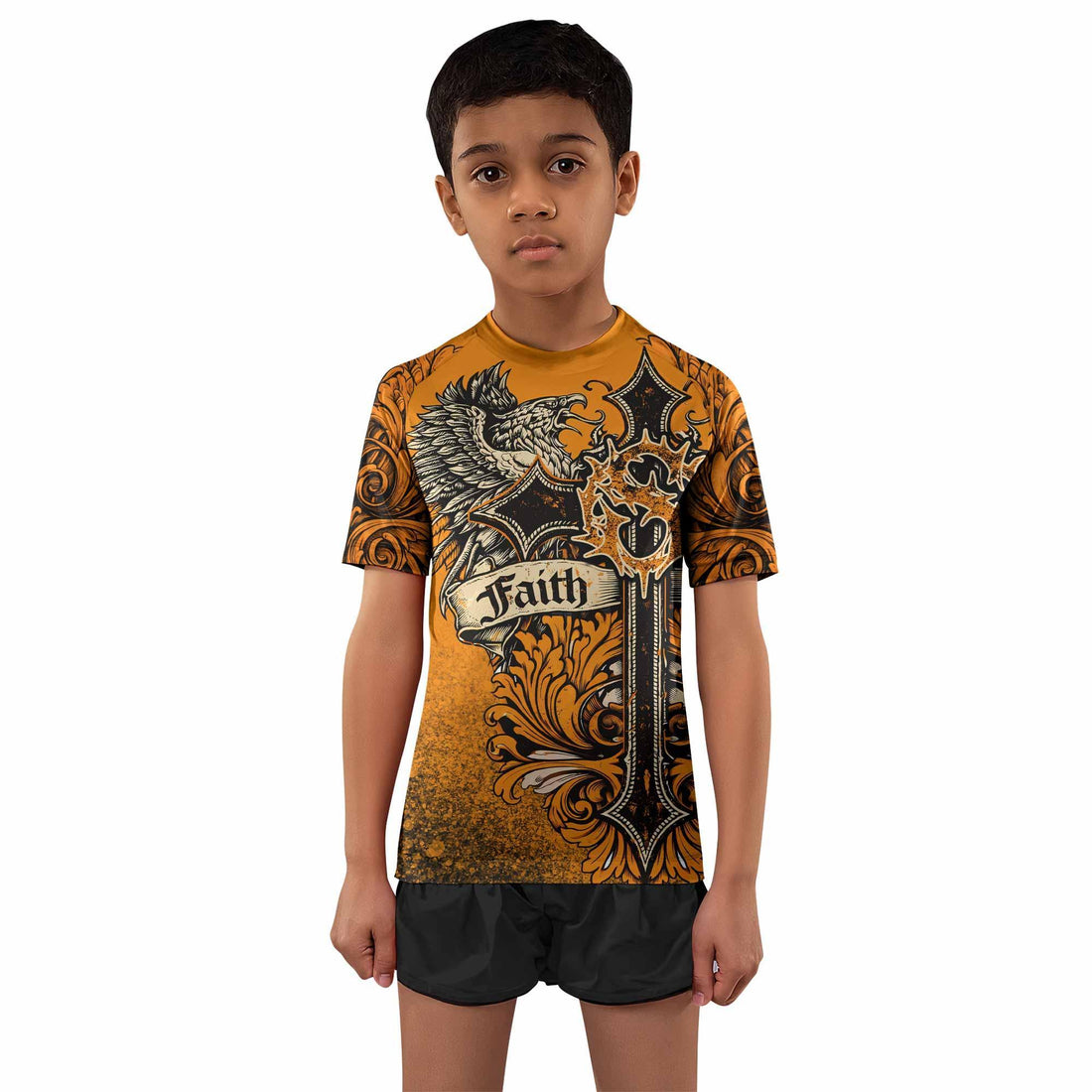 Faith Over Fear Crown Cross Kids Rash Guard Short Sleeve - front and back view