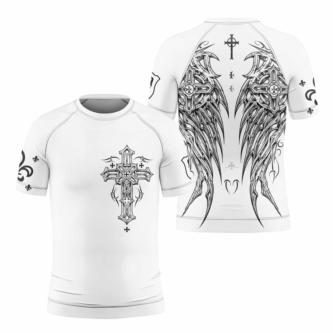 Angel Wings Cross Kids Rash Guard Short Sleeve - front and back view