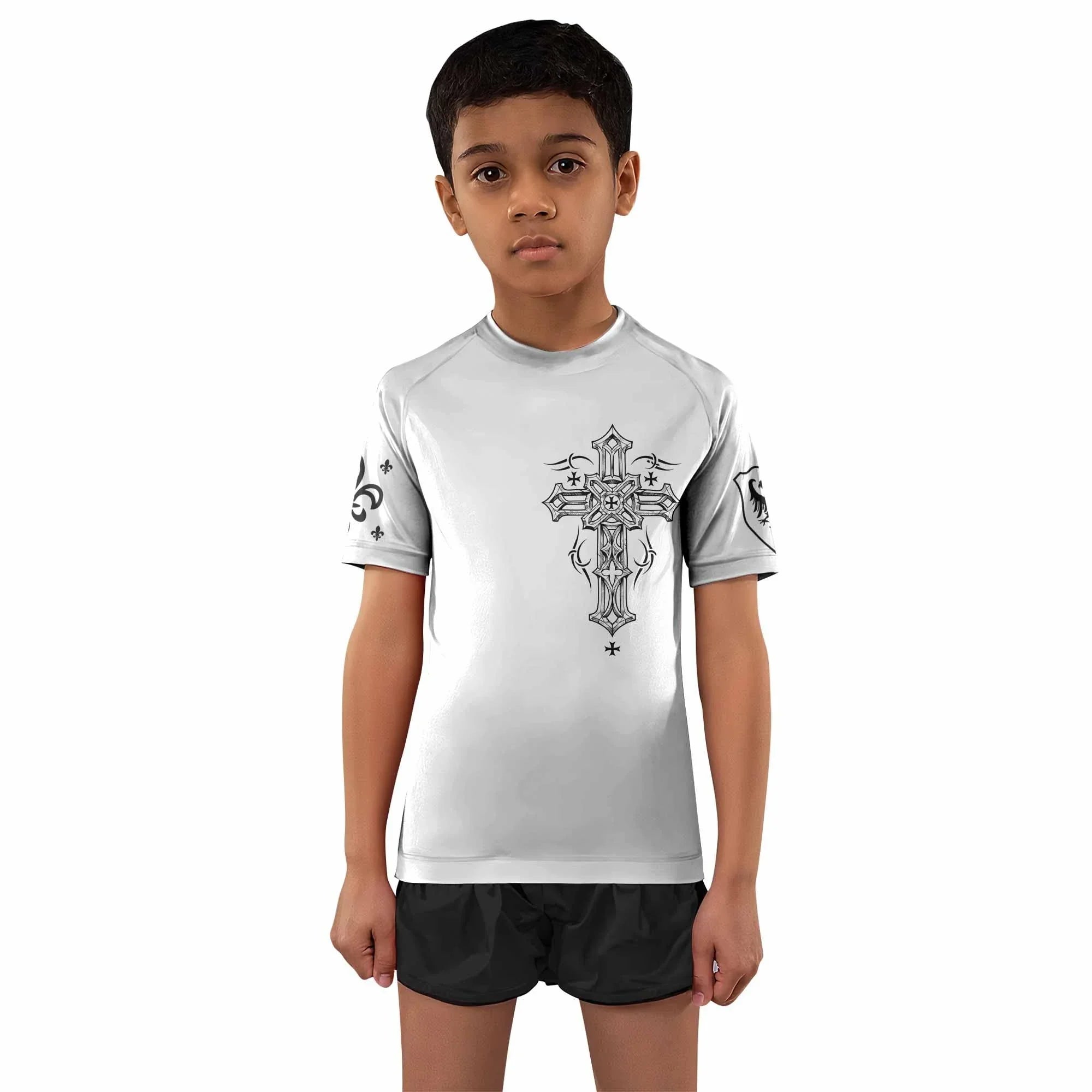 Angel Wings Cross Kids Rash Guard Short Sleeve - front and back view