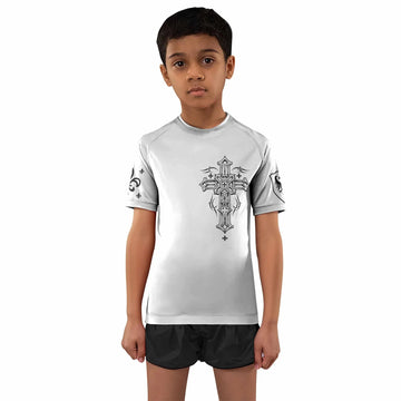 Angel Wings Cross Kids Rash Guard Short Sleeve - front and back view