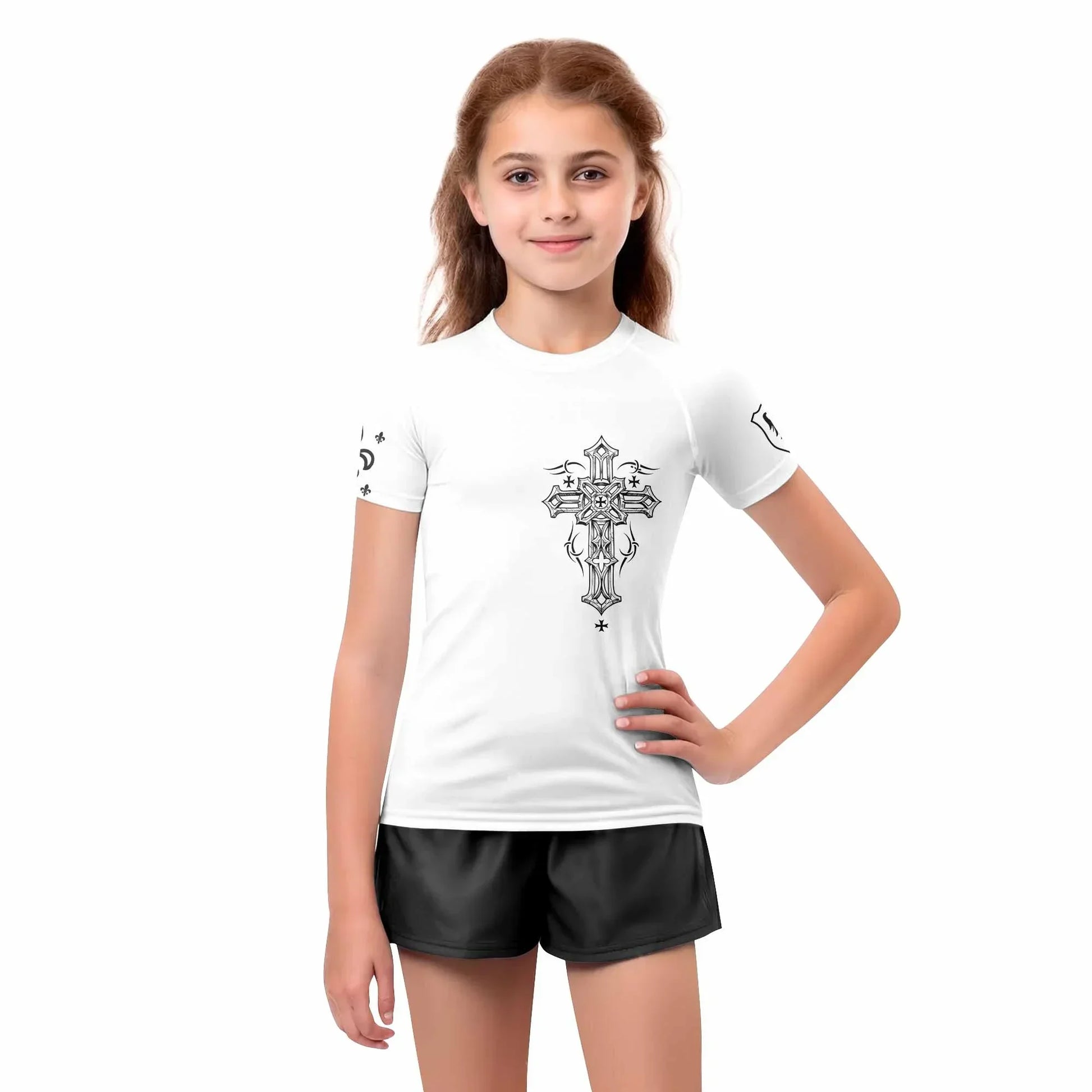 Angel Wings Cross Kids Rash Guard Short Sleeve - girl's lifestyle view