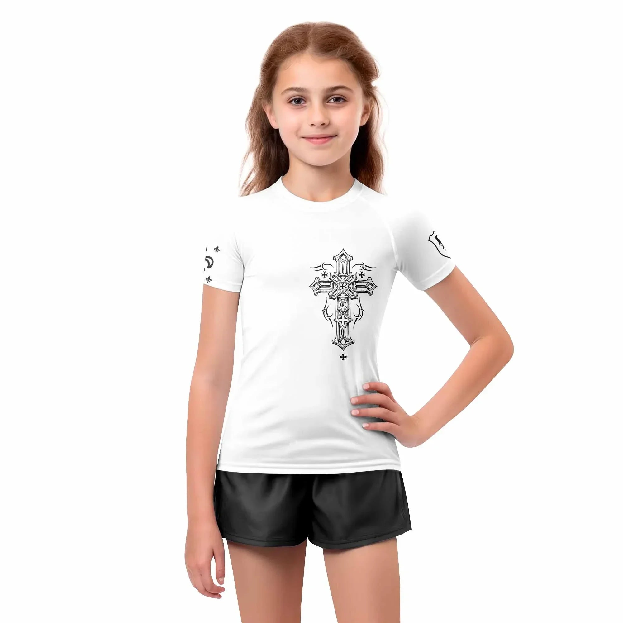 Angel Wings Cross Kids Rash Guard Short Sleeve - girl's lifestyle view