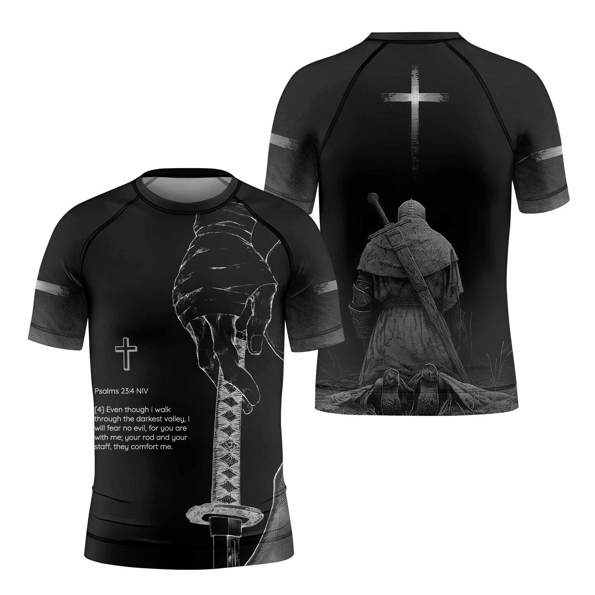 Psalms 23:4 NIV Kids Rash Guard Short Sleeve - front view mockup