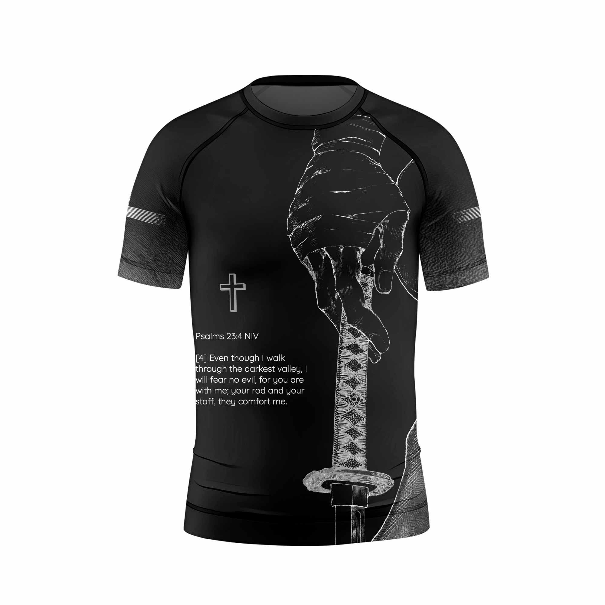 Psalms 23:4 NIV Kids Rash Guard Short Sleeve - back view mockup