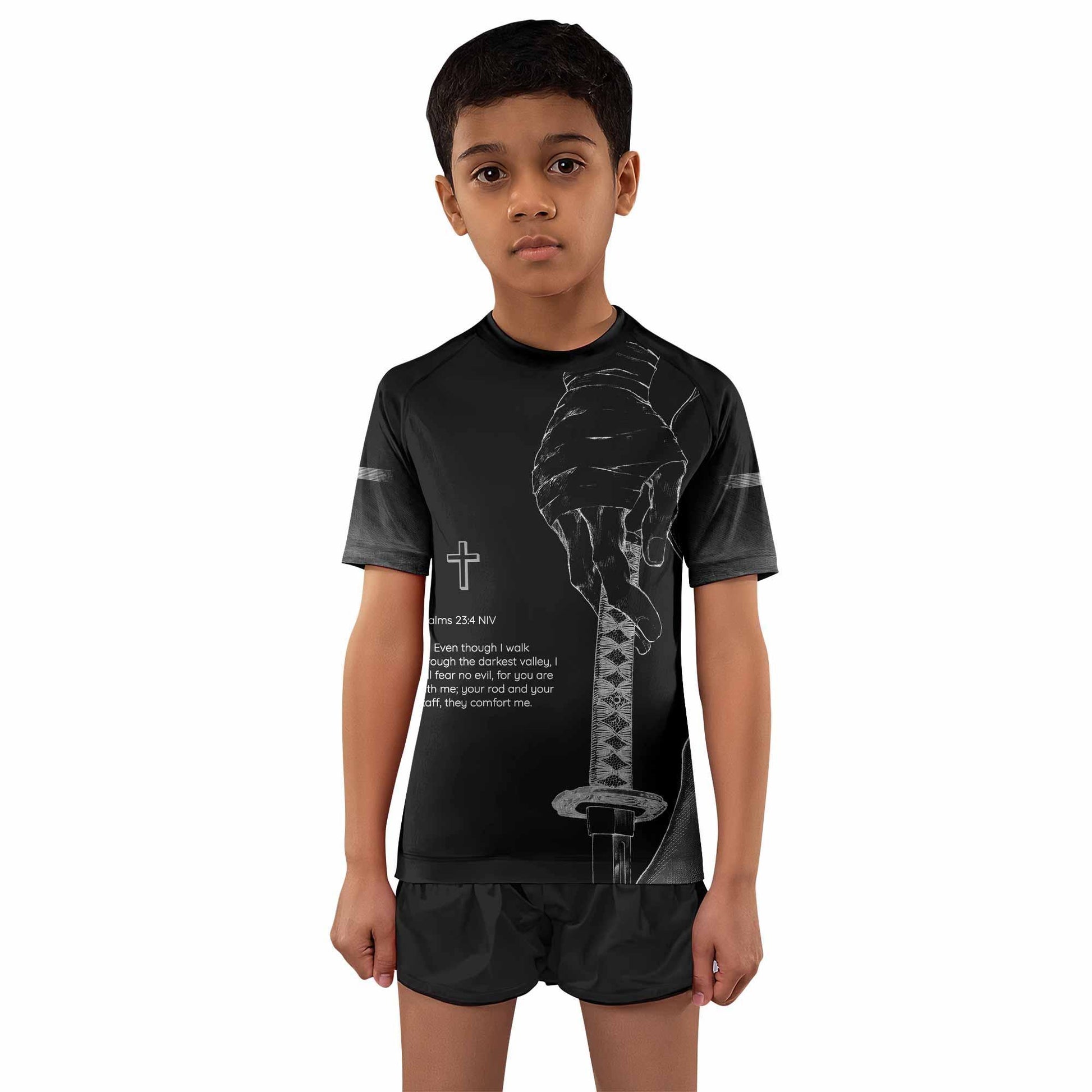Psalms 23:4 NIV Kids Rash Guard Short Sleeve - front and back view