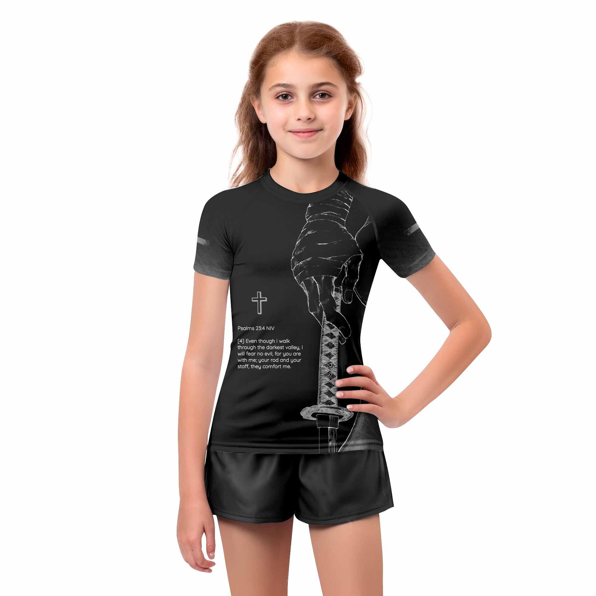 Psalms 23:4 NIV Kids Rash Guard Short Sleeve - girl's lifestyle view