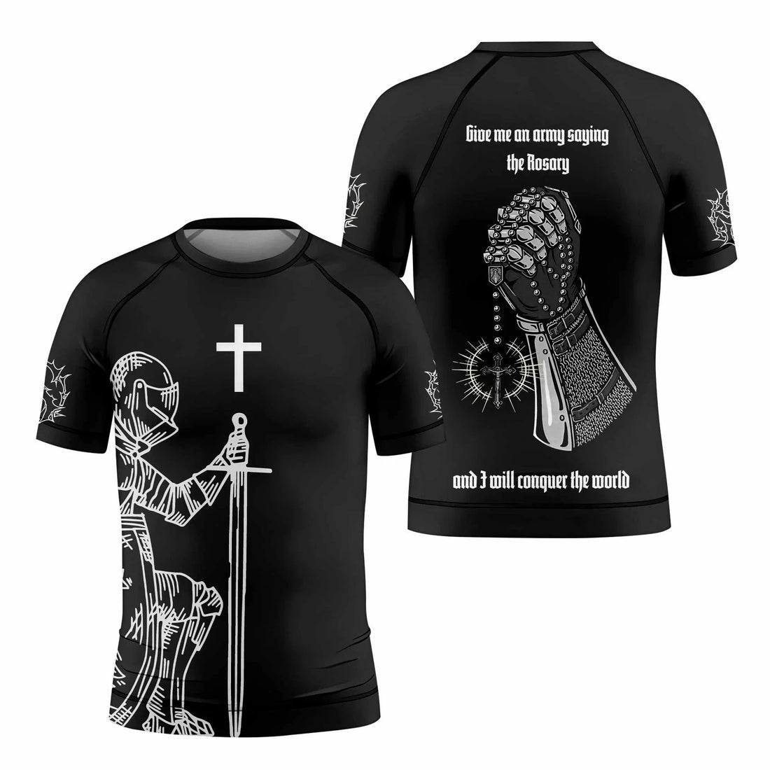 Give Me an Army Rosary Kids Rash Guard Short Sleeve - front and back view