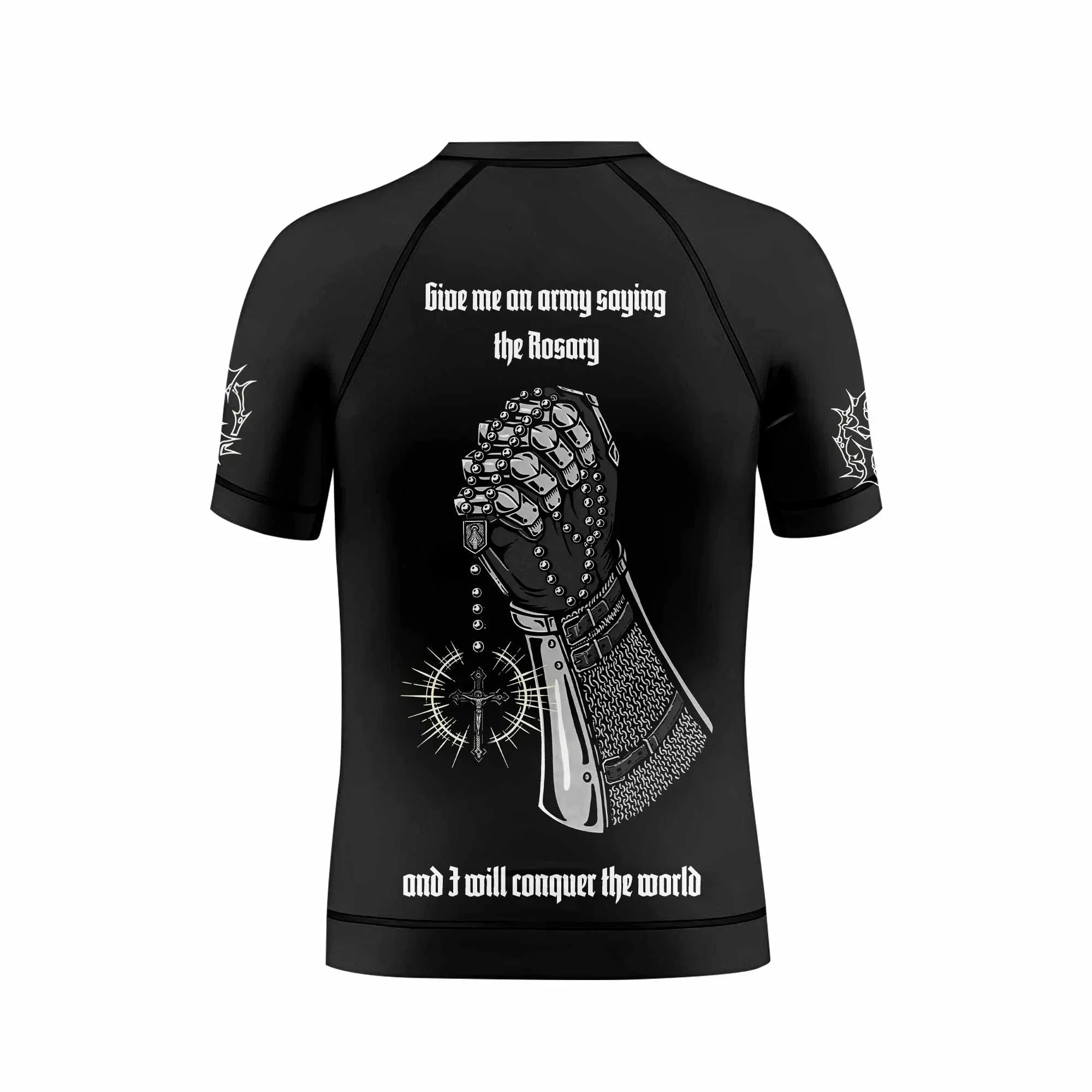 Give Me an Army Rosary Kids Rash Guard Short Sleeve - boy's lifestyle view