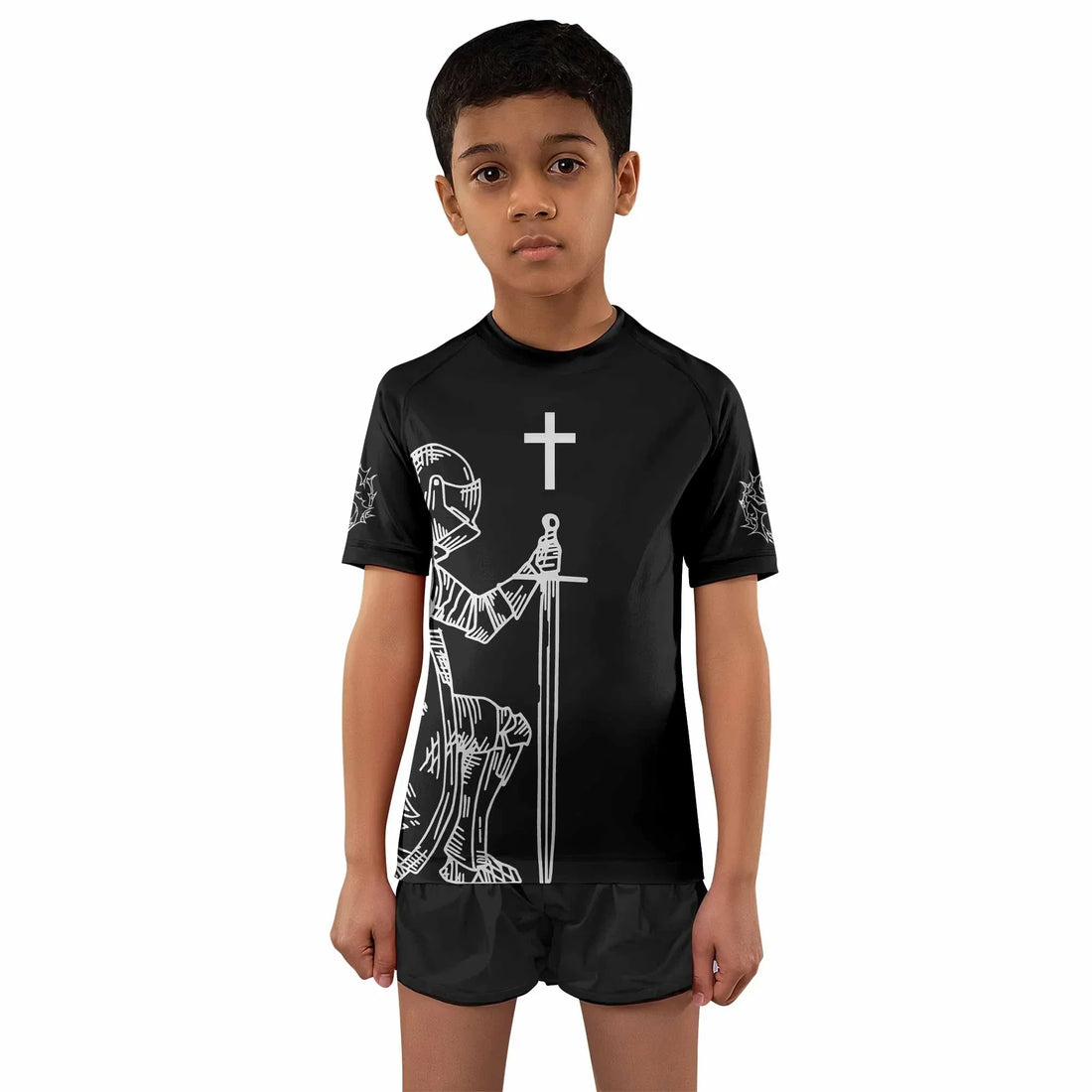 Give Me an Army Rosary Kids Rash Guard Short Sleeve - front and back view