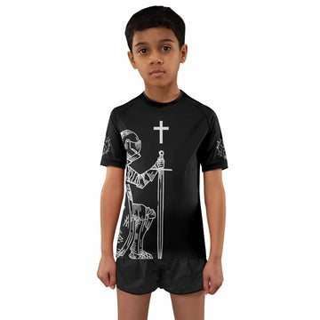 Give Me an Army Rosary Kids Rash Guard Short Sleeve - front and back view