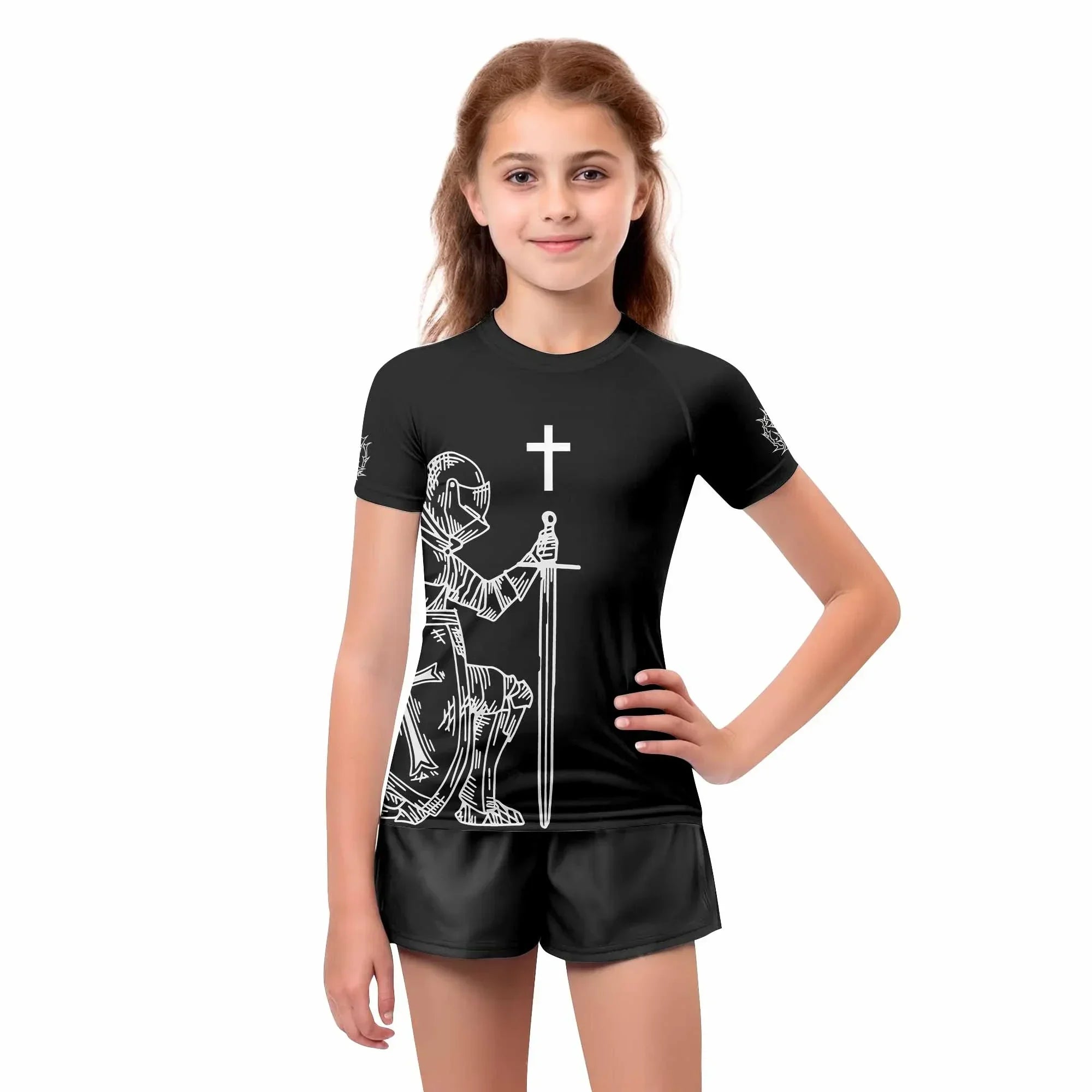 Give Me an Army Rosary Kids Rash Guard Short Sleeve - girl's lifestyle view