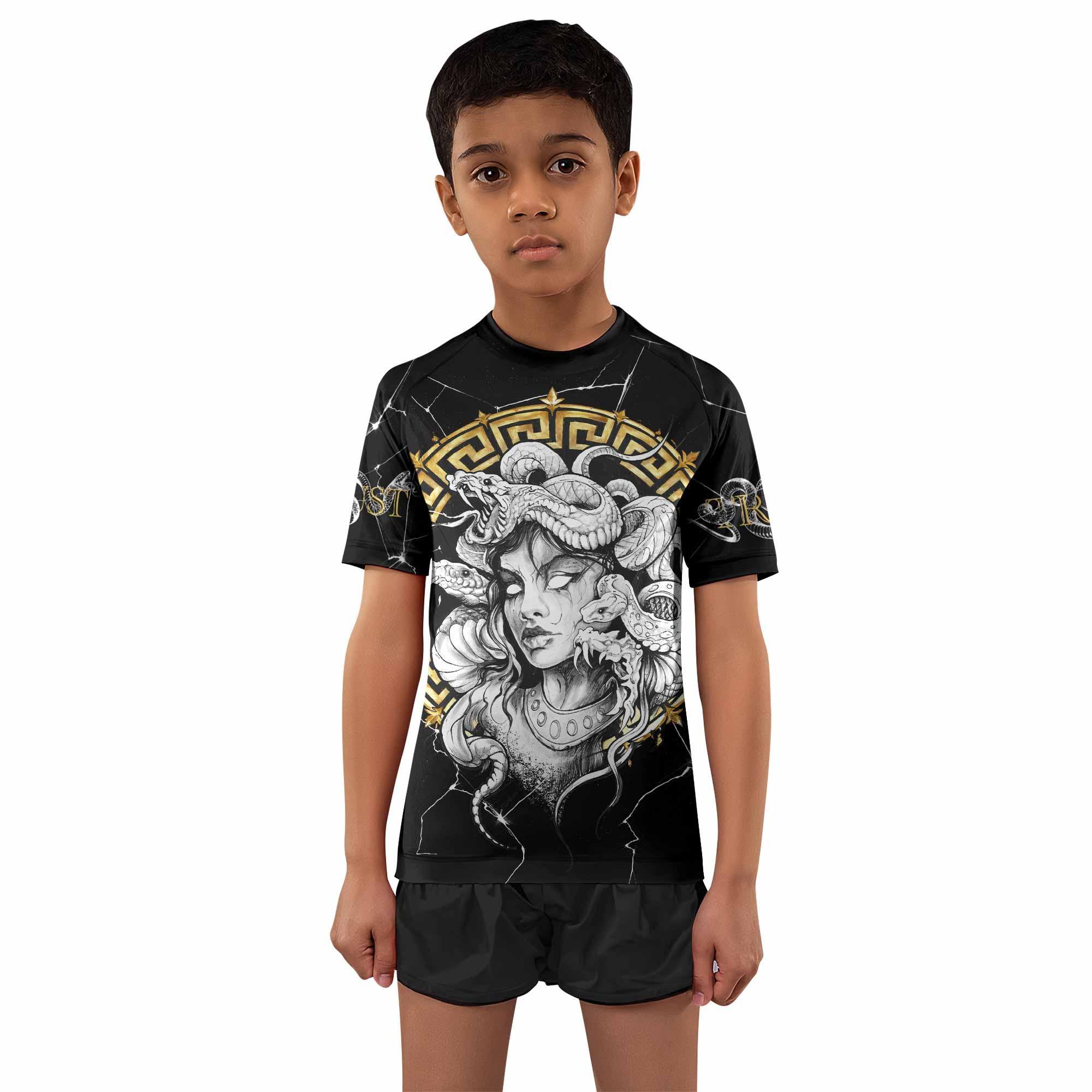Medusa Snake Kids Rash Guard Short Sleeve - front and back view