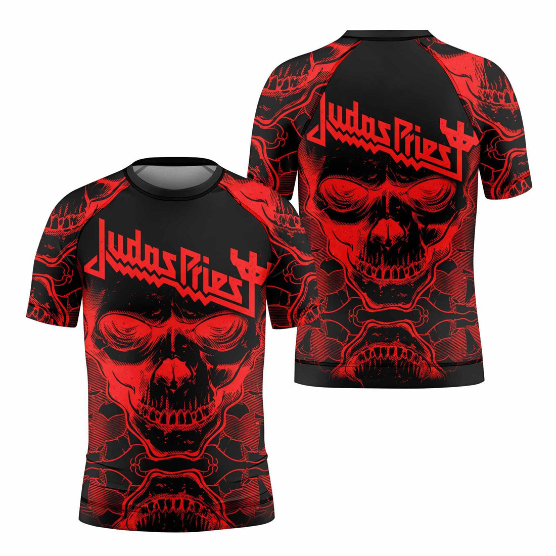 Judas Priest Skull Kids Rash Guard Short Sleeve - front and back view