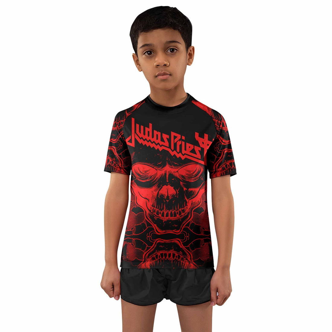 Judas Priest Skull Kids Rash Guard Short Sleeve - front and back view