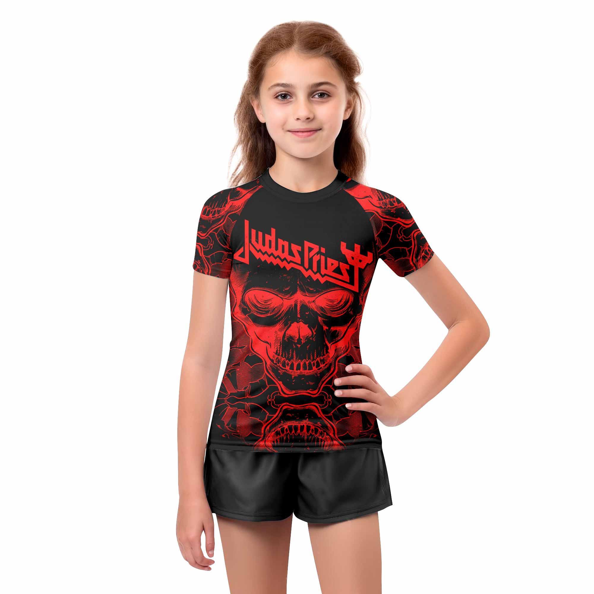 Judas Priest Skull Kids Rash Guard Short Sleeve - girl's lifestyle view