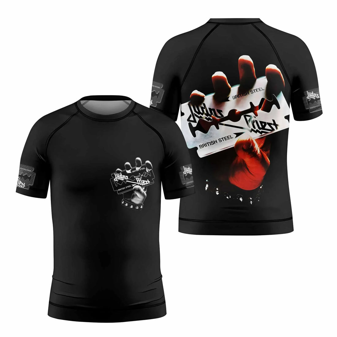 Judas Priest British Steel Kids Rash Guard Short Sleeve - front and back view