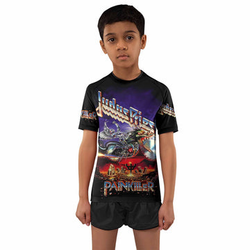 Judas Priest Painkiller Kids Rash Guard Short Sleeve - front and back view