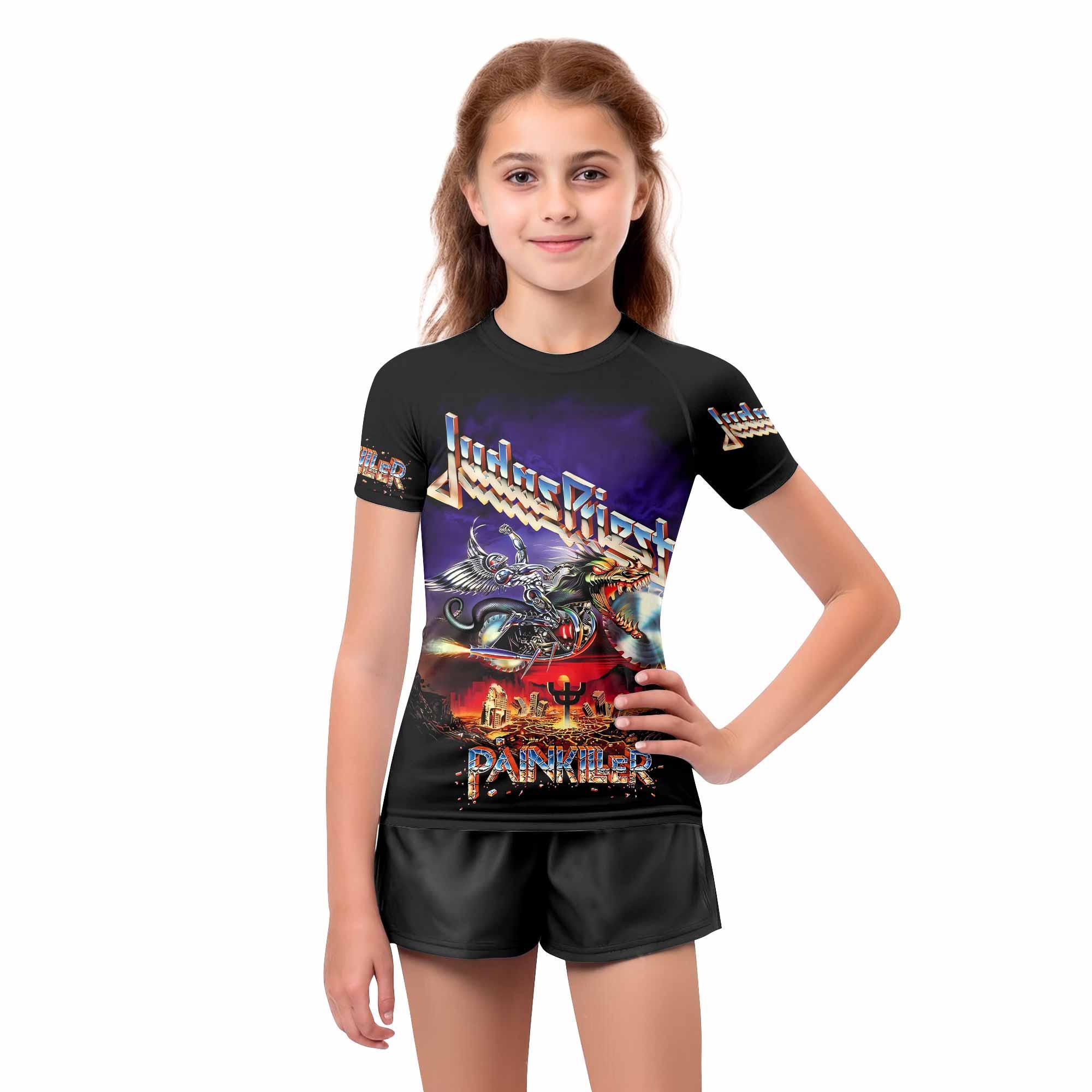 Judas Priest Painkiller Kids Rash Guard Short Sleeve - girl's lifestyle view