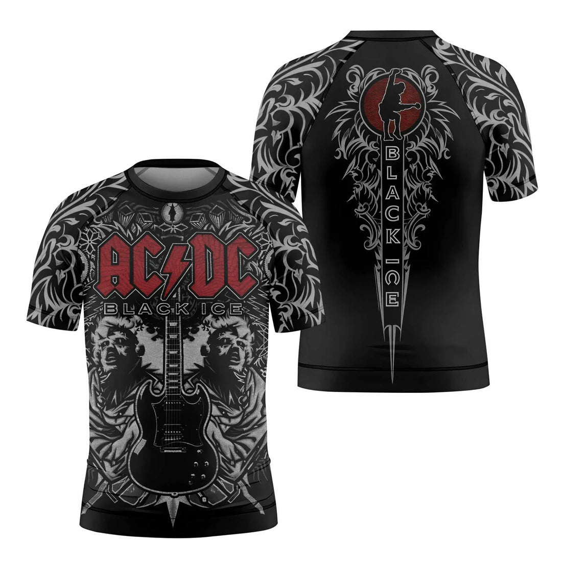 AC/DC Black Ice Kids Rash Guard Short Sleeve - front and back view