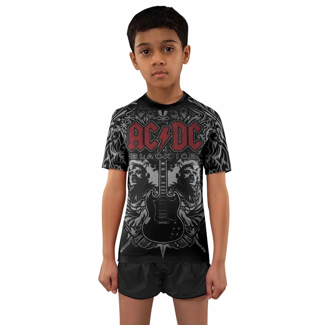 AC/DC Black Ice Kids Rash Guard Short Sleeve - front and back view