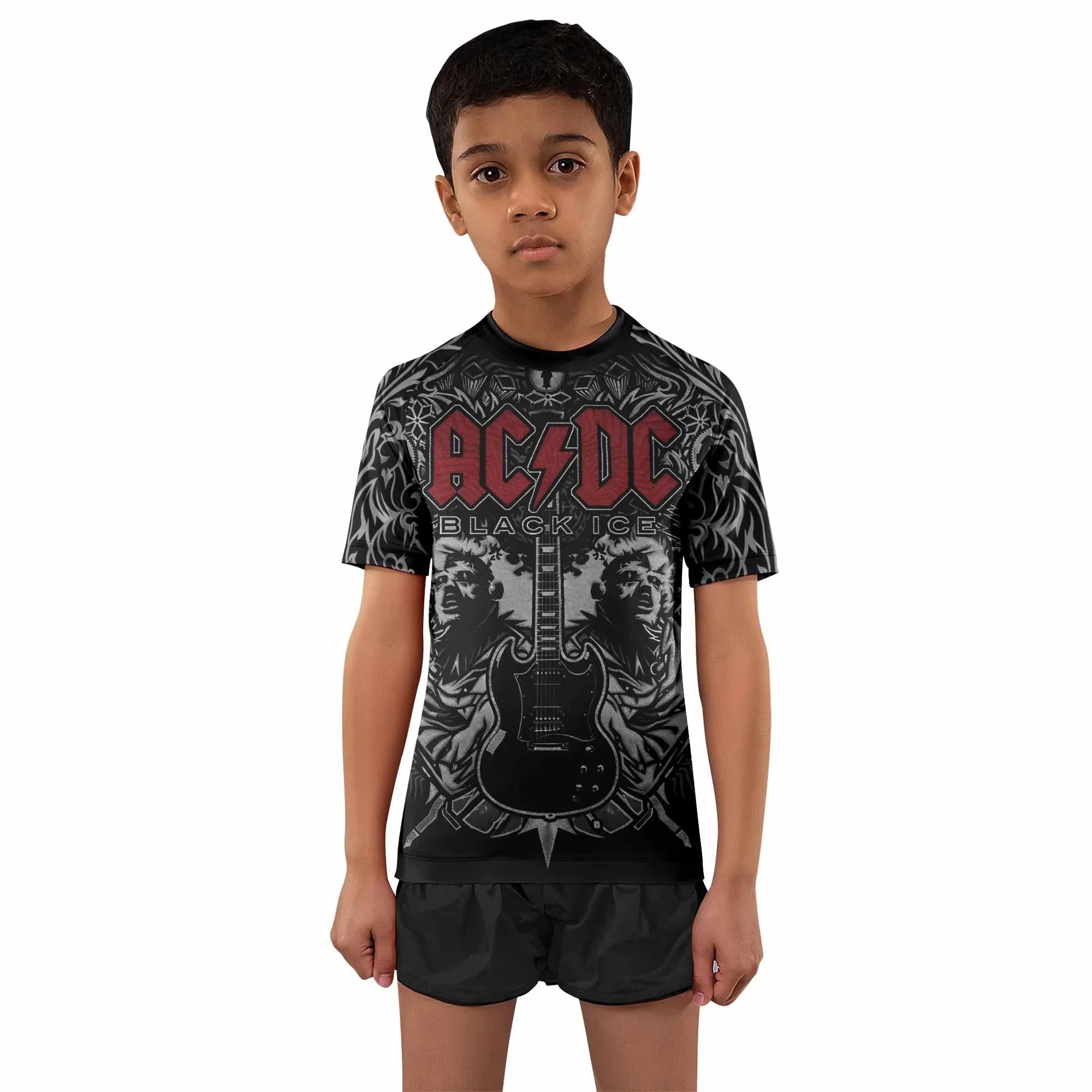 AC/DC Black Ice Kids Rash Guard Short Sleeve - front and back view